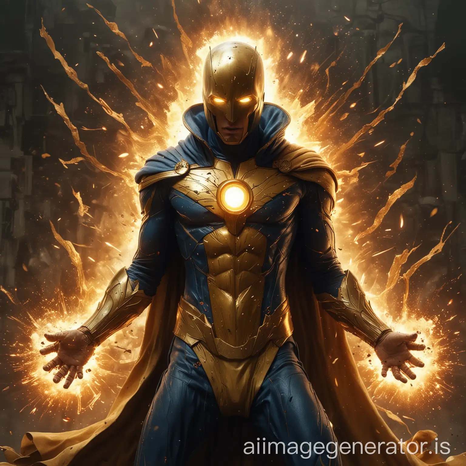 Draw the DC character Doctor Fate with an explosion behind him and get it in realistic and cinematic art form.