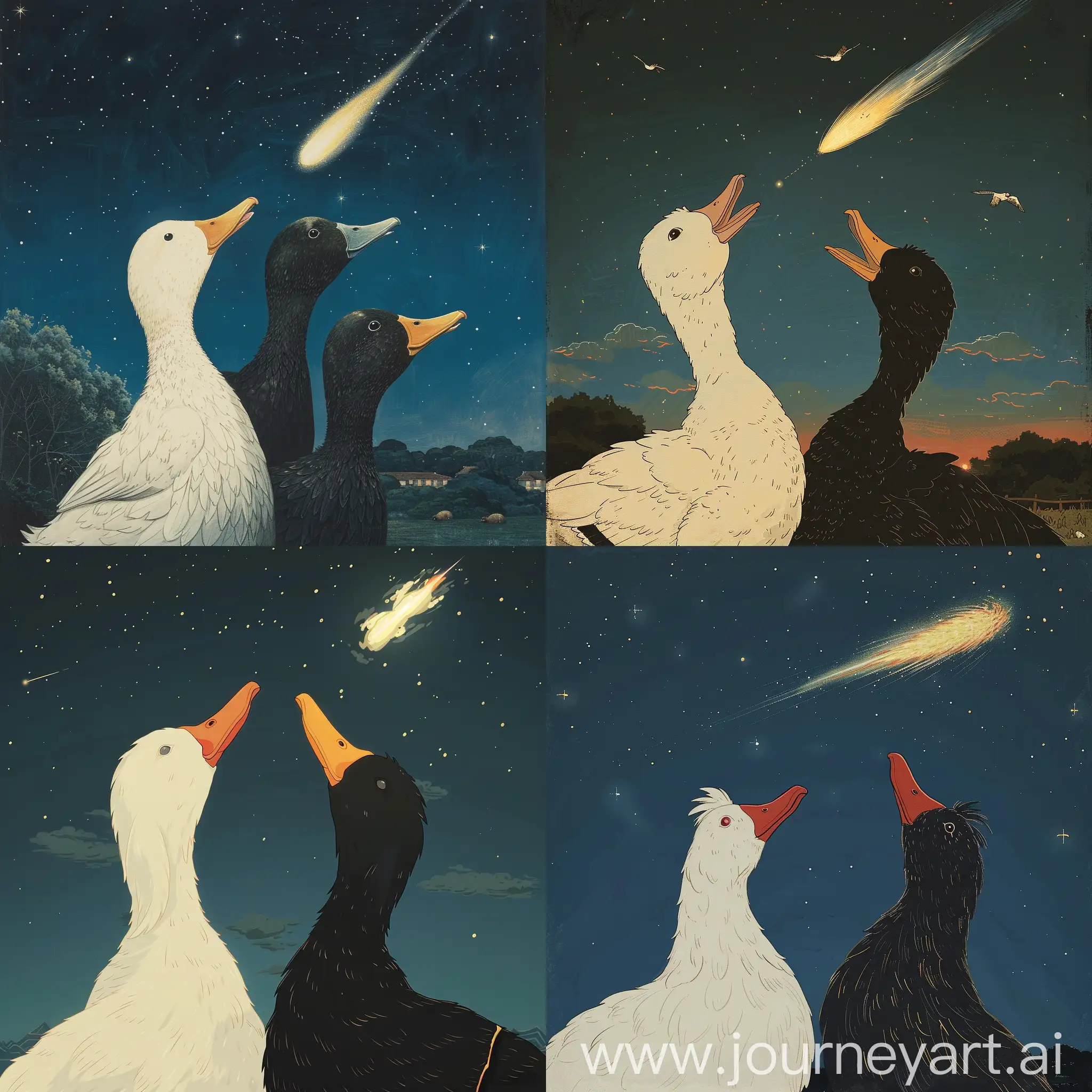 Black-and-White-Ducks-Gazing-at-Meteor-in-Nocturnal-Setting