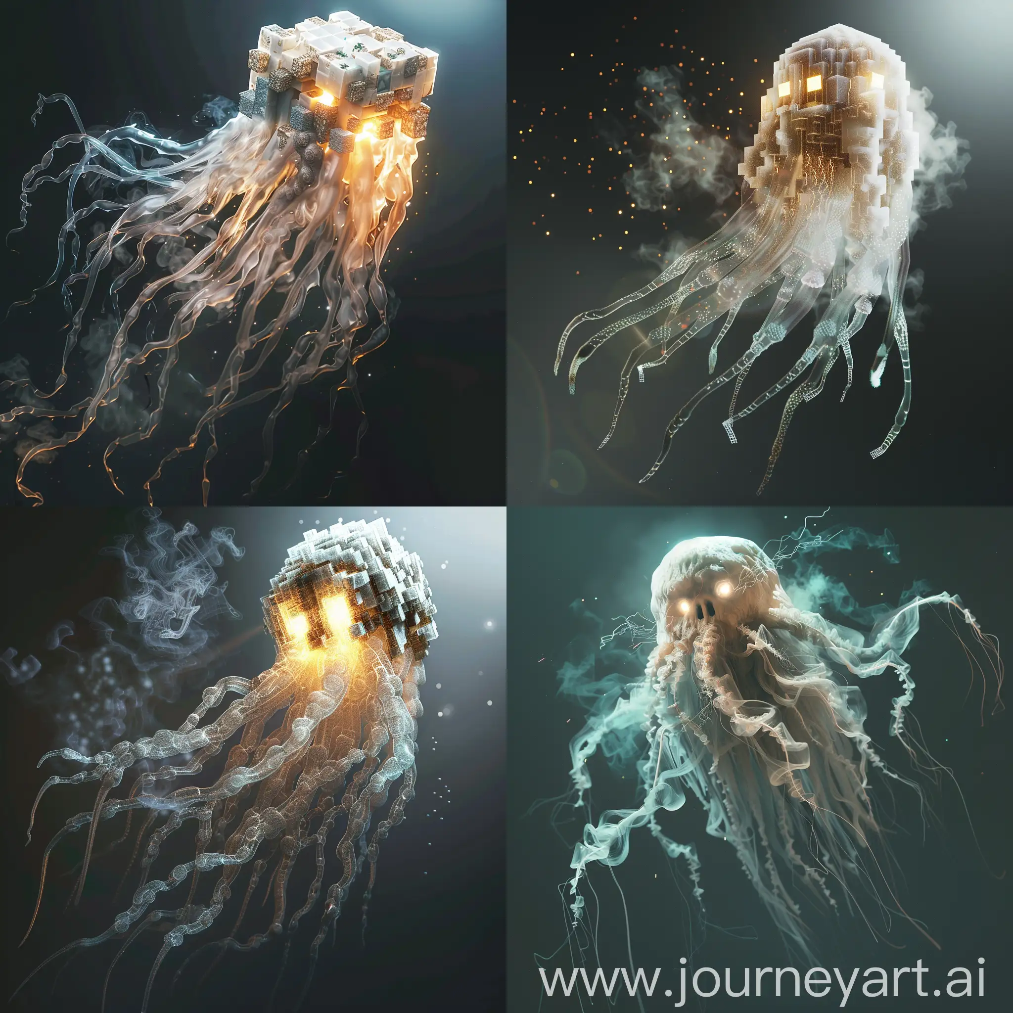 A photorealistic depiction of a Minecraft Ghast, a large, floating, jellyfish-like creature with long, translucent tentacles, Focus on the details of the Ghast's body, including its textured skin, glowing eyes, and wispy smoke particles emanating from its core, Use realistic lighting and shadows to create a sense of depth and dimension.