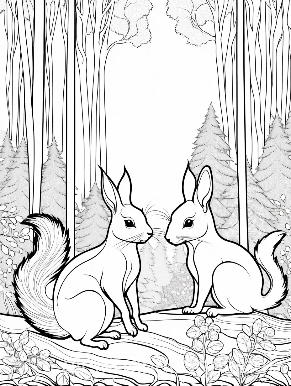 in the forest with squirrels, foxes, rabbits with trees, Coloring Page, black and white, line art, white background, Simplicity, Ample White Space. The background of the coloring page is plain white to make it easy for young children to color within the lines. The outlines of all the subjects are easy to distinguish, making it simple for kids to color without too much difficulty