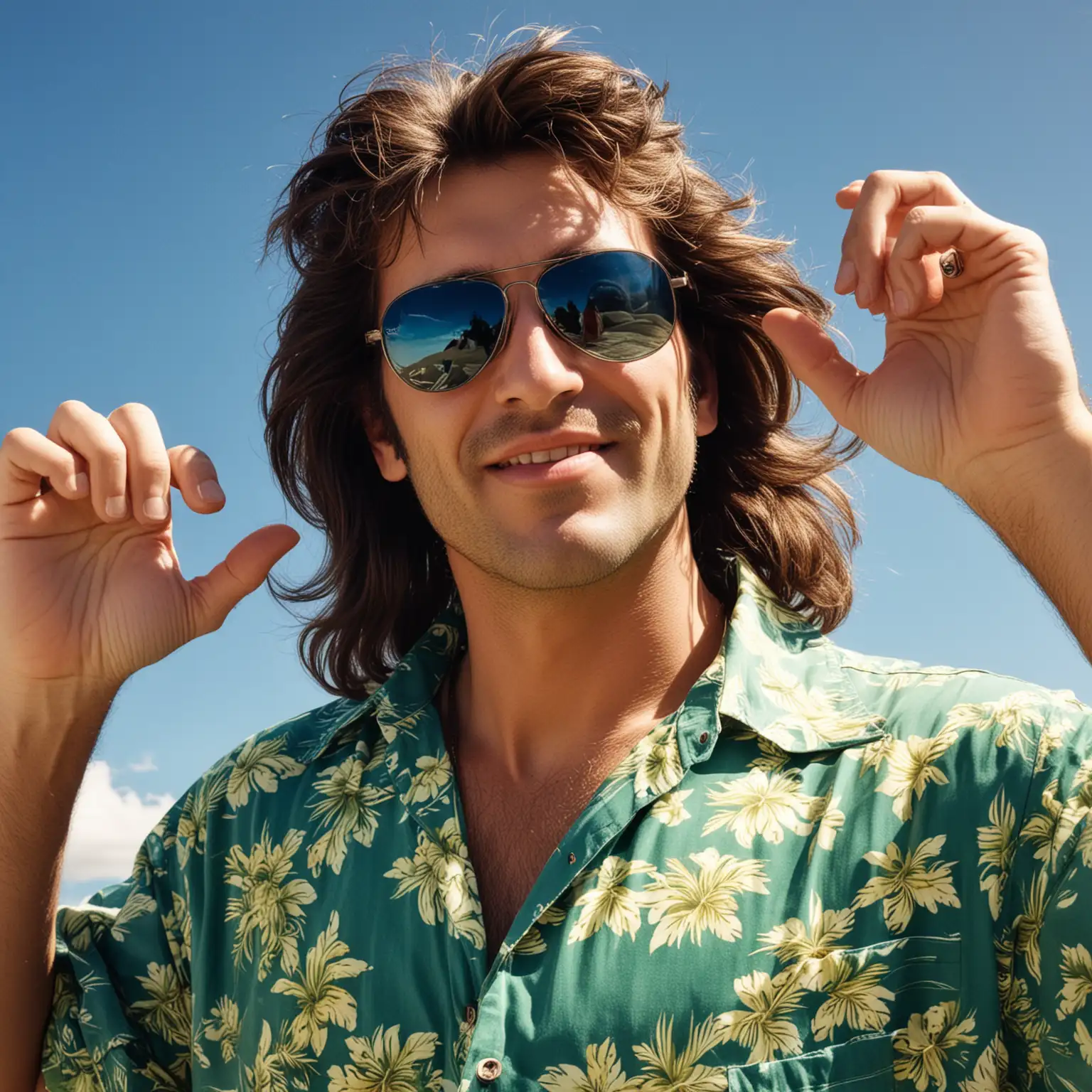 eighties man, sunglasses, oversized massive thick hair, rubber ring, hawaiian green shirt, blue sunny skies