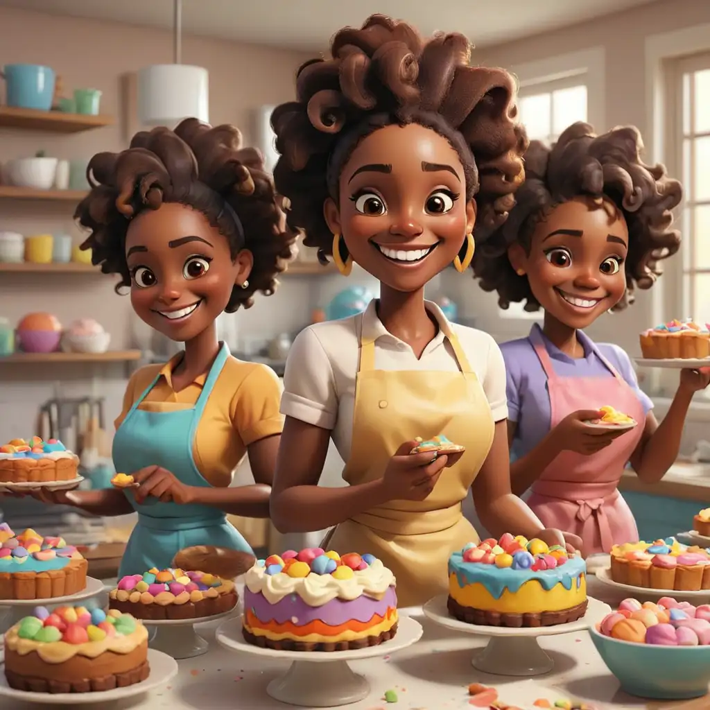 Happy African American Women Baking Colorful Cakes and Pies in Cartoon Style