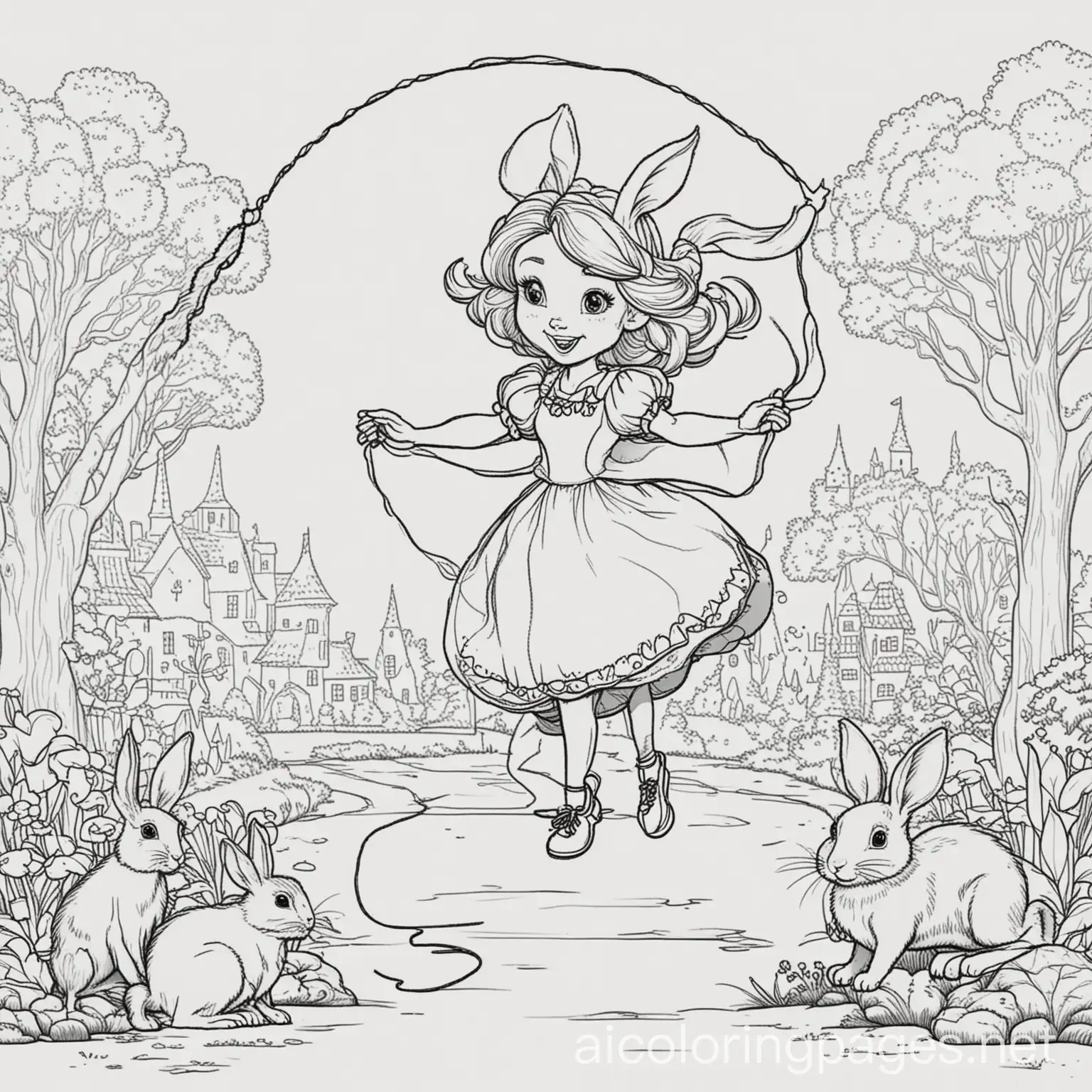 Cartoonish Cindrella jumping rope along with the rabbits and mouses, Coloring Page, black and white, line art, white background, Simplicity, Ample White Space. The background of the coloring page is plain white to make it easy for young children to color within the lines. The outlines of all the subjects are easy to distinguish, making it simple for kids to color without too much difficulty