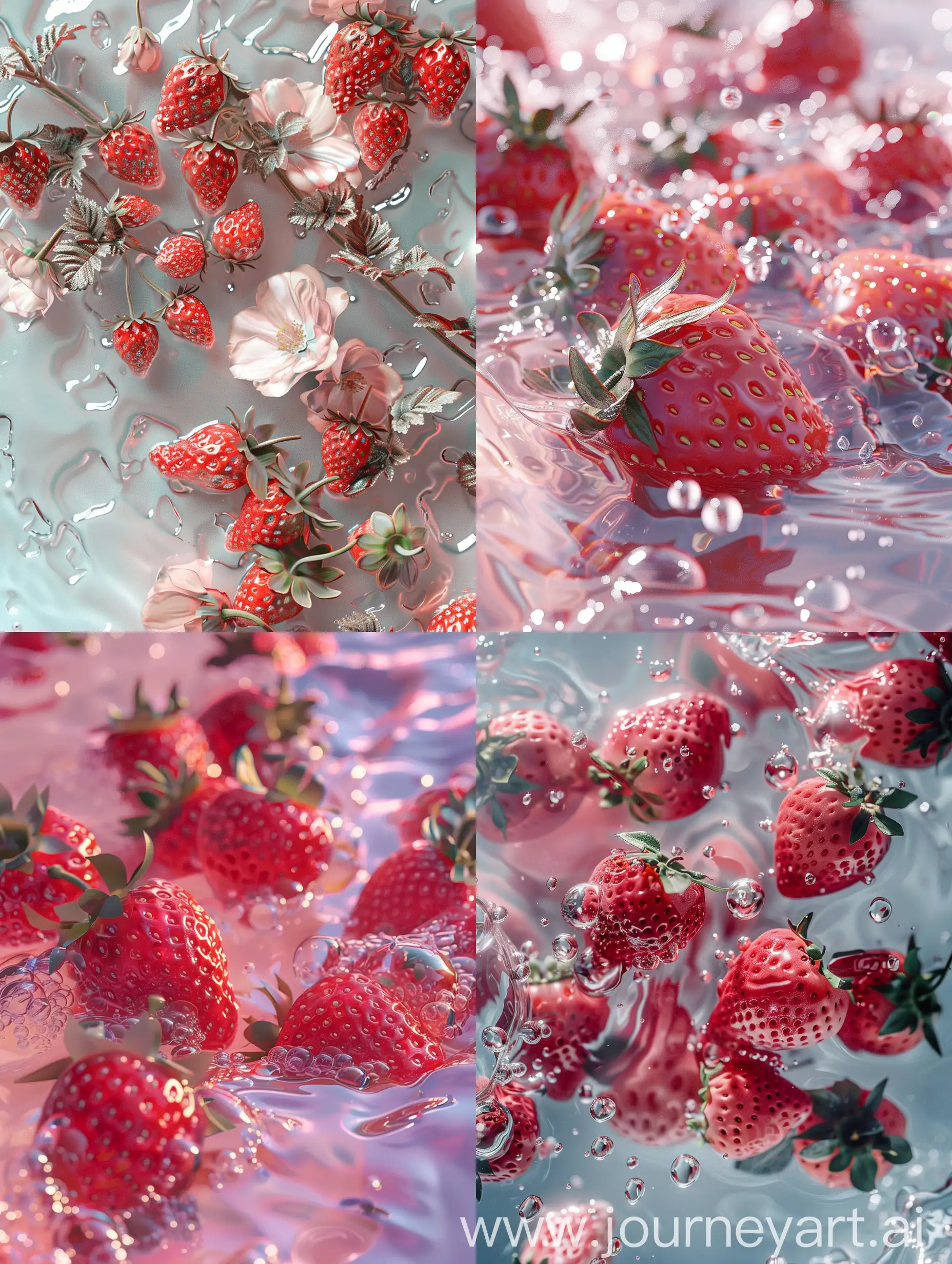 a photo of strawberries and water, in the stylof light silver and light pink, anime aesthetic.playfully intricate, berrypunk, gorgeous color32k uhd, karol bak --v 6.0 --ar 3:4