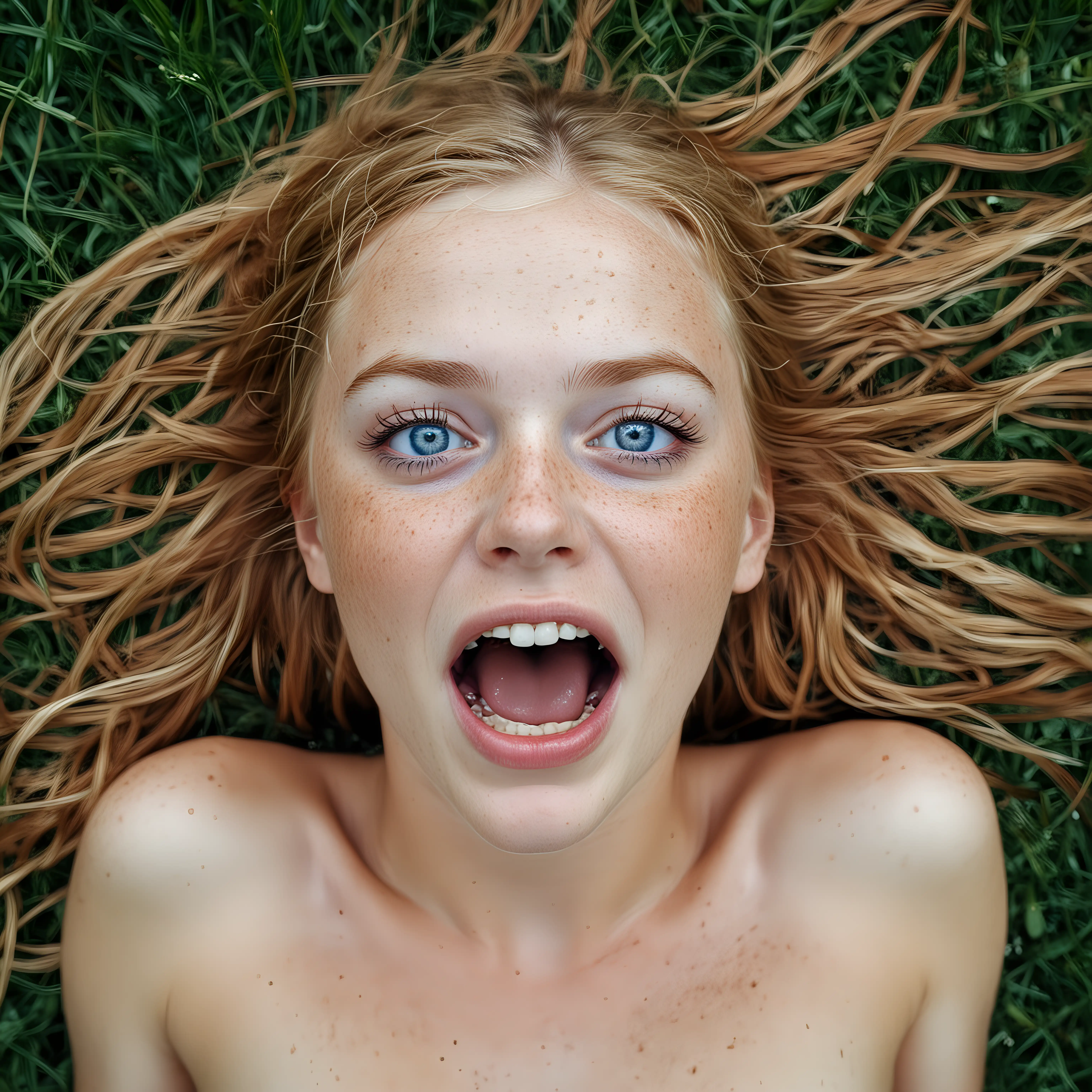 naked freckle face blonde blue-eyed girl laying on back in grass look of terror on her face mouth open