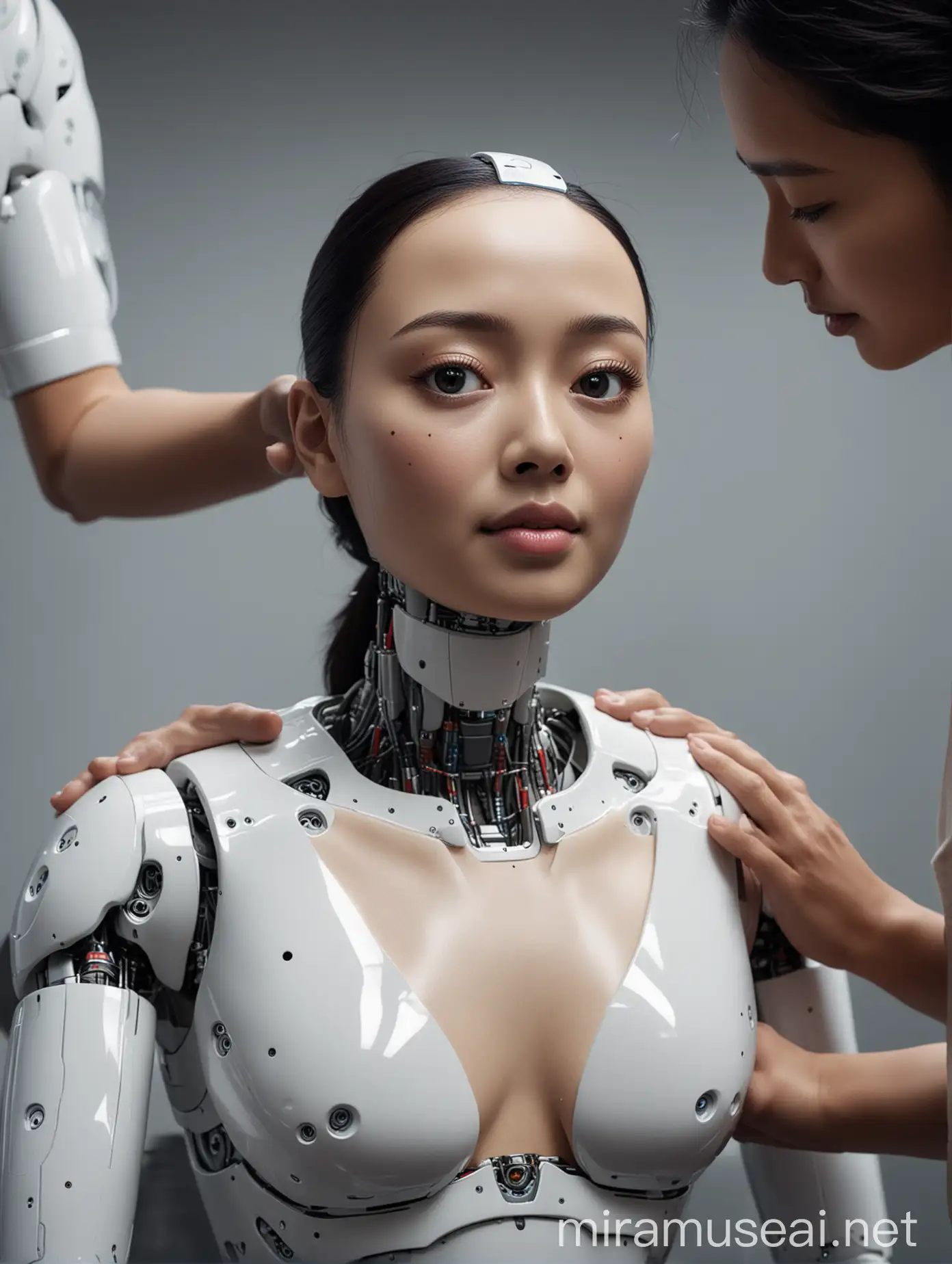 robot ai badannya sedang di pijat massage oleh manusia, robot dan manusianya kelihatan full body, manusianya kelihatan mukanya, manusia muka orang indonesia