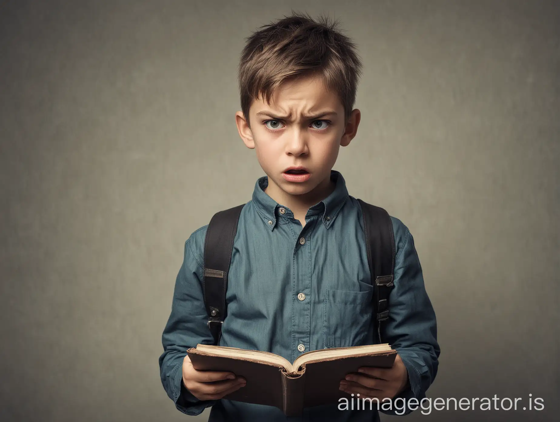 a boy looking angry to his left holding a book in his hands