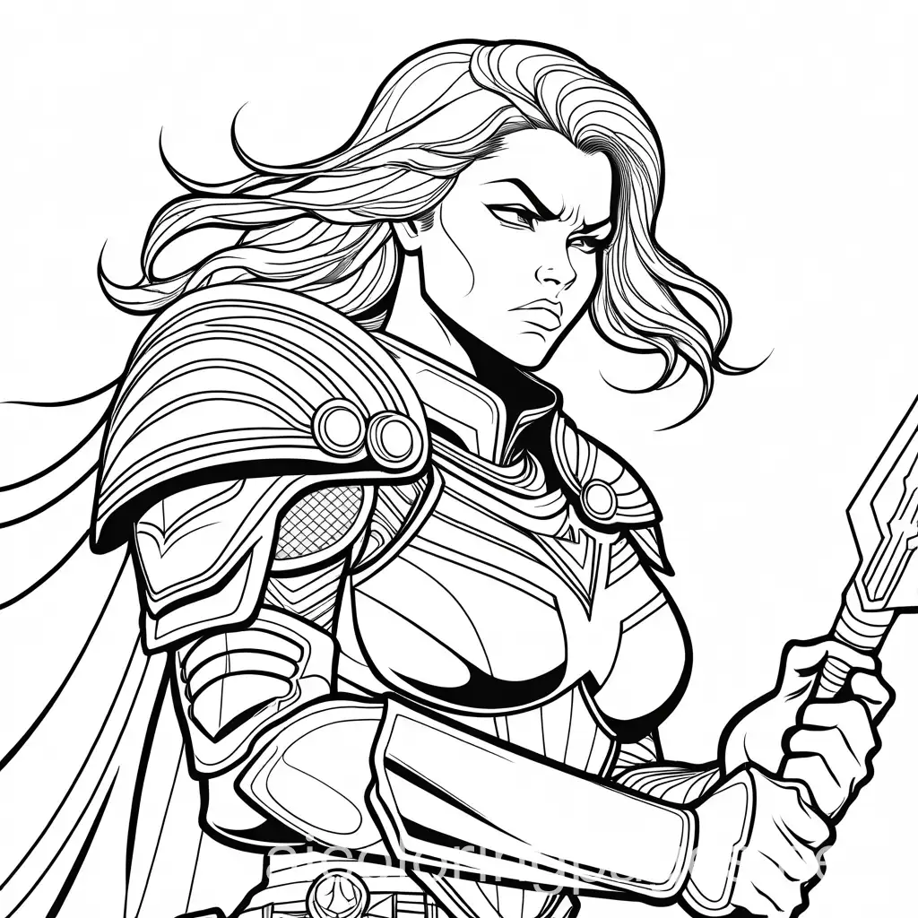 A very angry beautiful female superhero wearing beautiful armor, getting her light-related powers ready to battle an enemy, Coloring Page, black and white, line art, white background, Simplicity, Ample White Space. The background of the coloring page is plain white to make it easy for young children to color within the lines. The outlines of all the subjects are easy to distinguish, making it simple for kids to color without too much difficulty