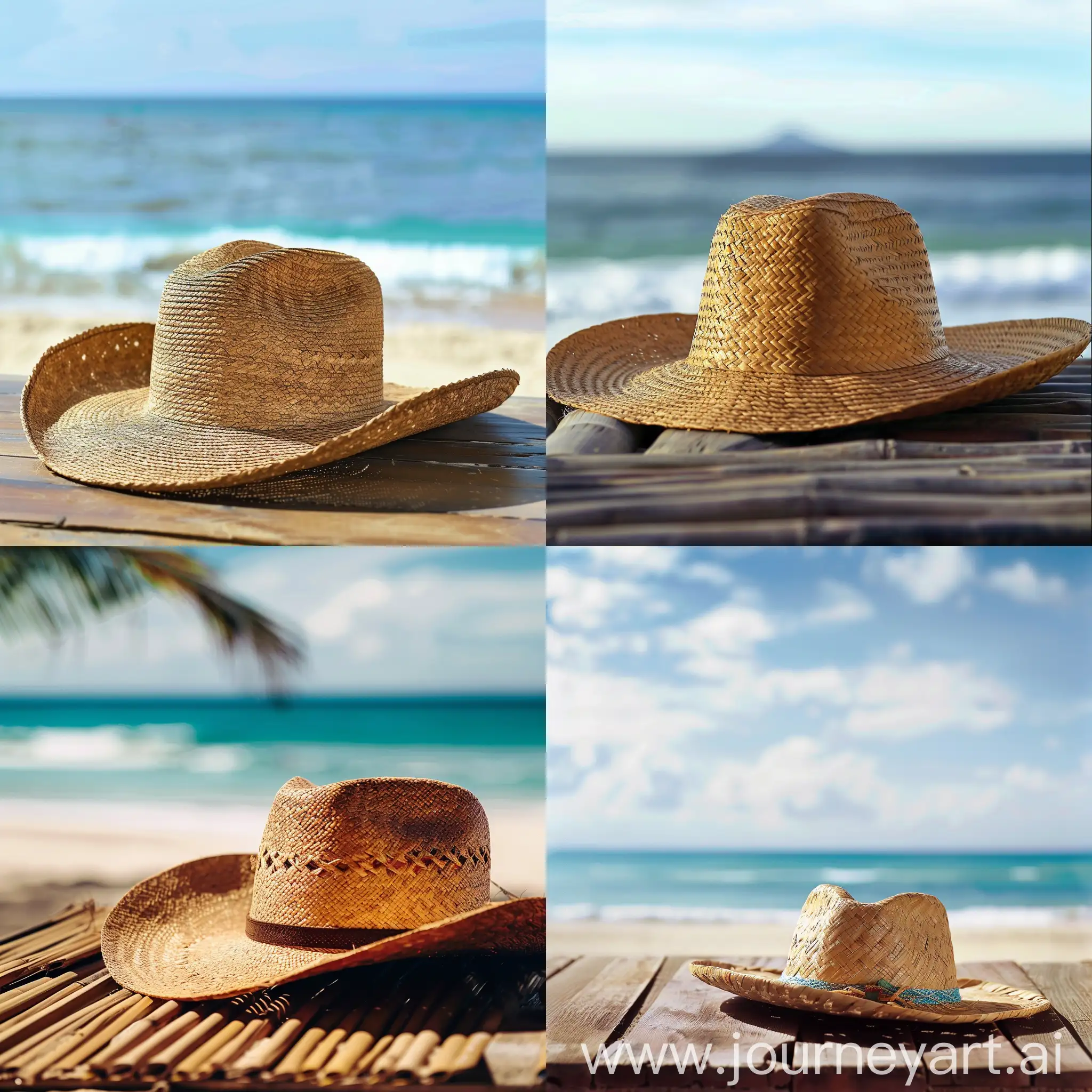sombrero lies on the table against the background of the beach