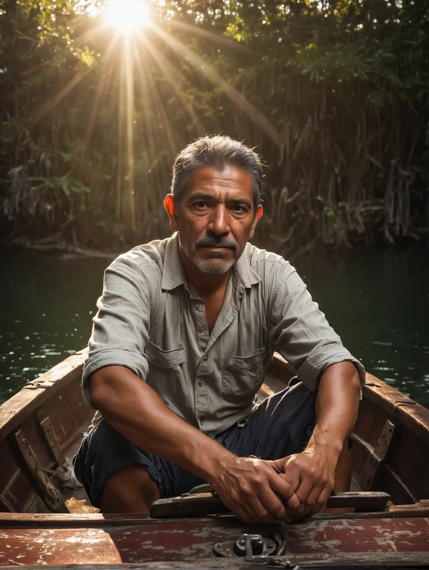 a middle age hispanic man on a very small single motor old boat, vibrant colors, dramatic lighting
