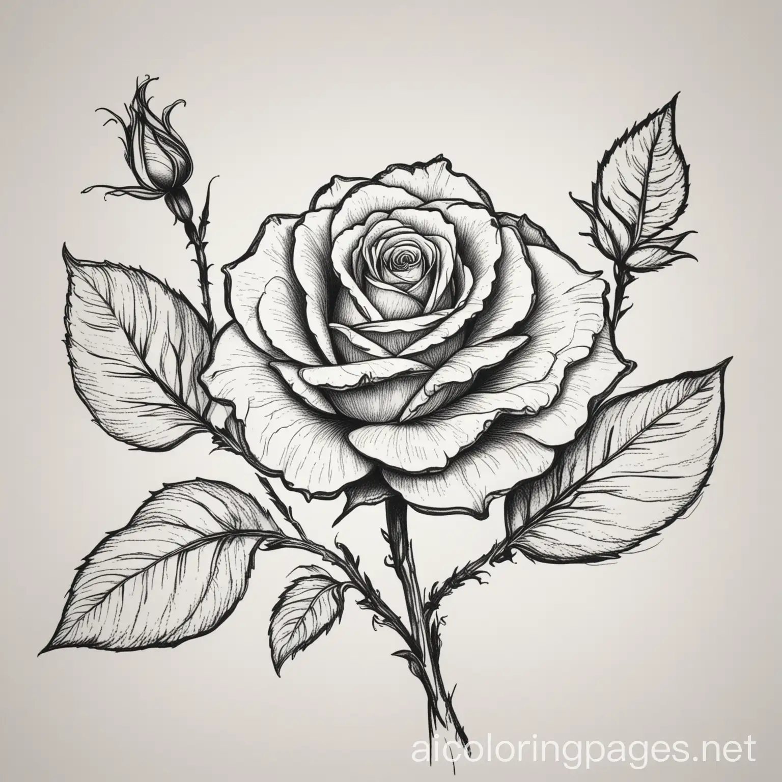 A black and white linear drawing of a simple and elegant rose with a fully opened flower, including the stem and two leaves. Clear and defined line style, without shading., Coloring Page, black and white, line art, white background, Simplicity, Ample White Space.