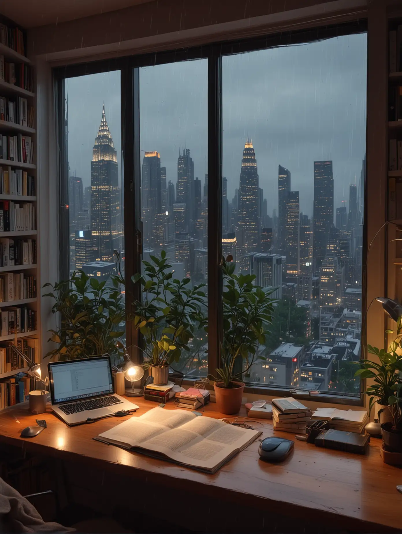 书房在二楼 黄昏 窗外下着雨 高楼大厦远景 植物 一整墙的书房 书桌 台灯 苹果电脑 床 温馨 8k高清 下雨