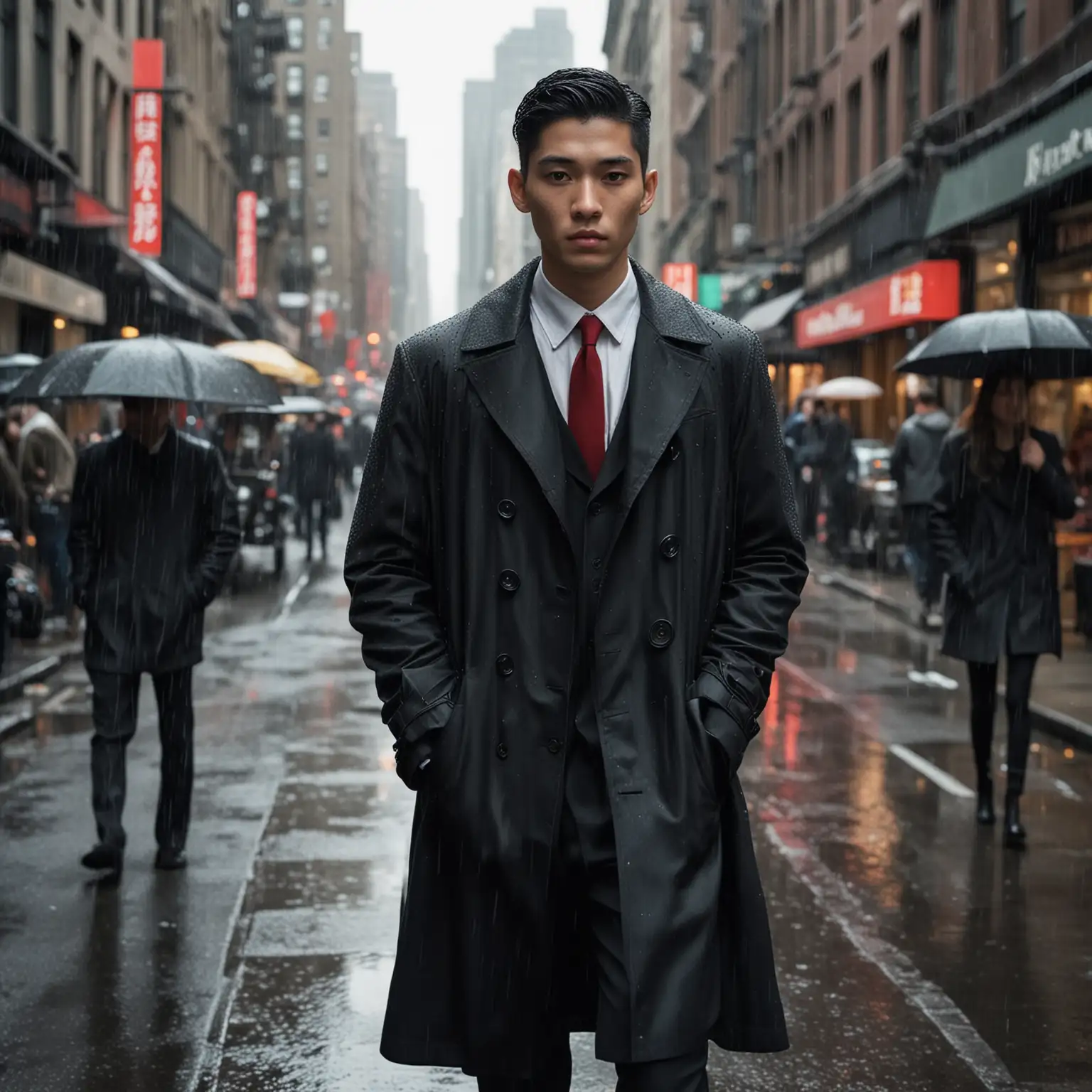 A portrait photograph capturing the essence of urban sophistication, inspired by the iconic style of Annie Leibovitz. In the midst of a rainy day, a young Asian man with sleek black hair styled in a fade haircut stands confidently in the middle of a bustling city street. He exudes a sense of refined elegance dressed in a tailored black coat, crisp white shirt, and a bold red tie. The raindrops cascade down his coat, adding a dynamic element to the scene as he gazes directly at the camera with an enigmatic expression, embodying a modern interpretation of timeless style amidst the urban chaos.
