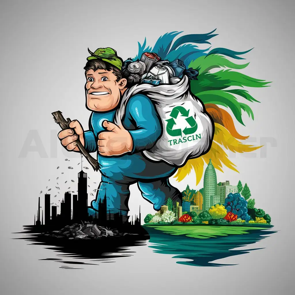 a logo design,with the text "Eco-mode", main symbol:a giant picking up trash with a bag on his back decorated with an image of clothing, while picking up trash in front there is a dark city and behind the giant there is a bright, green and colorful landscape, In a cartoon form,complex,clear background