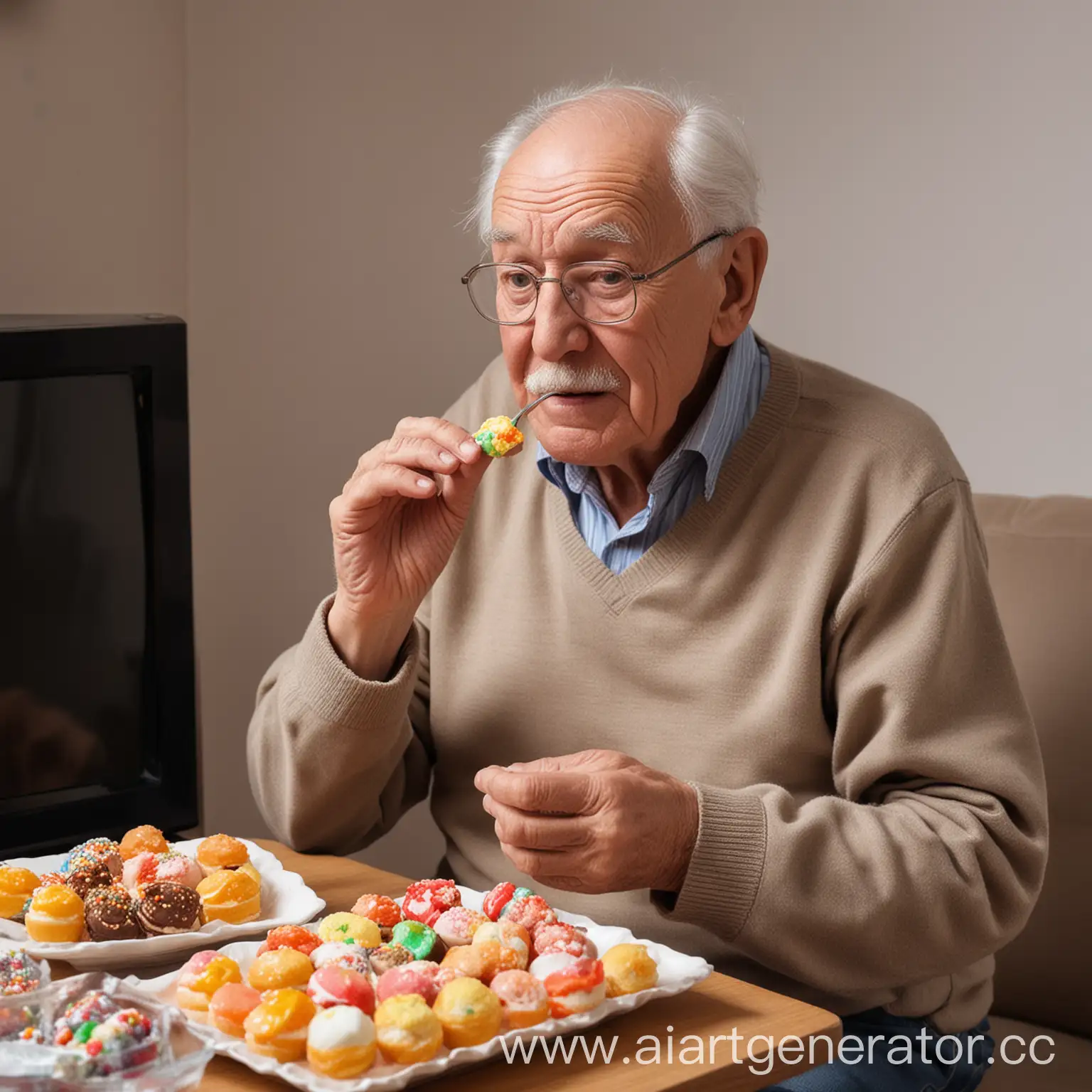 grandpa is eating sweets and watching TV
