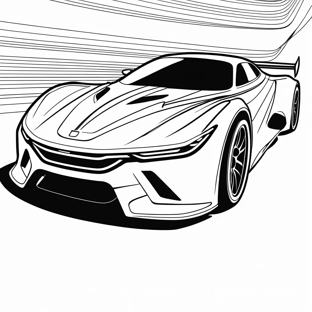 futuristic car from another dimension tuned up and ready for racing , racing background coloring page , Coloring Page, black and white, line art, white background, Simplicity, Ample White Space. The background of the coloring page is plain white to make it easy for young children to color within the lines. The outlines of all the subjects are easy to distinguish, making it simple for kids to color without too much difficulty