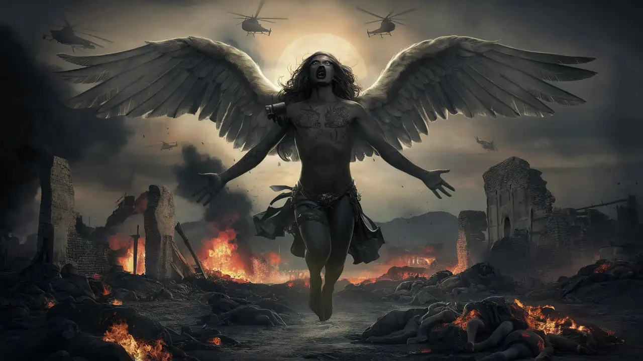 Beautiful Black Angel Man Floating Above Apocalypse Ruins