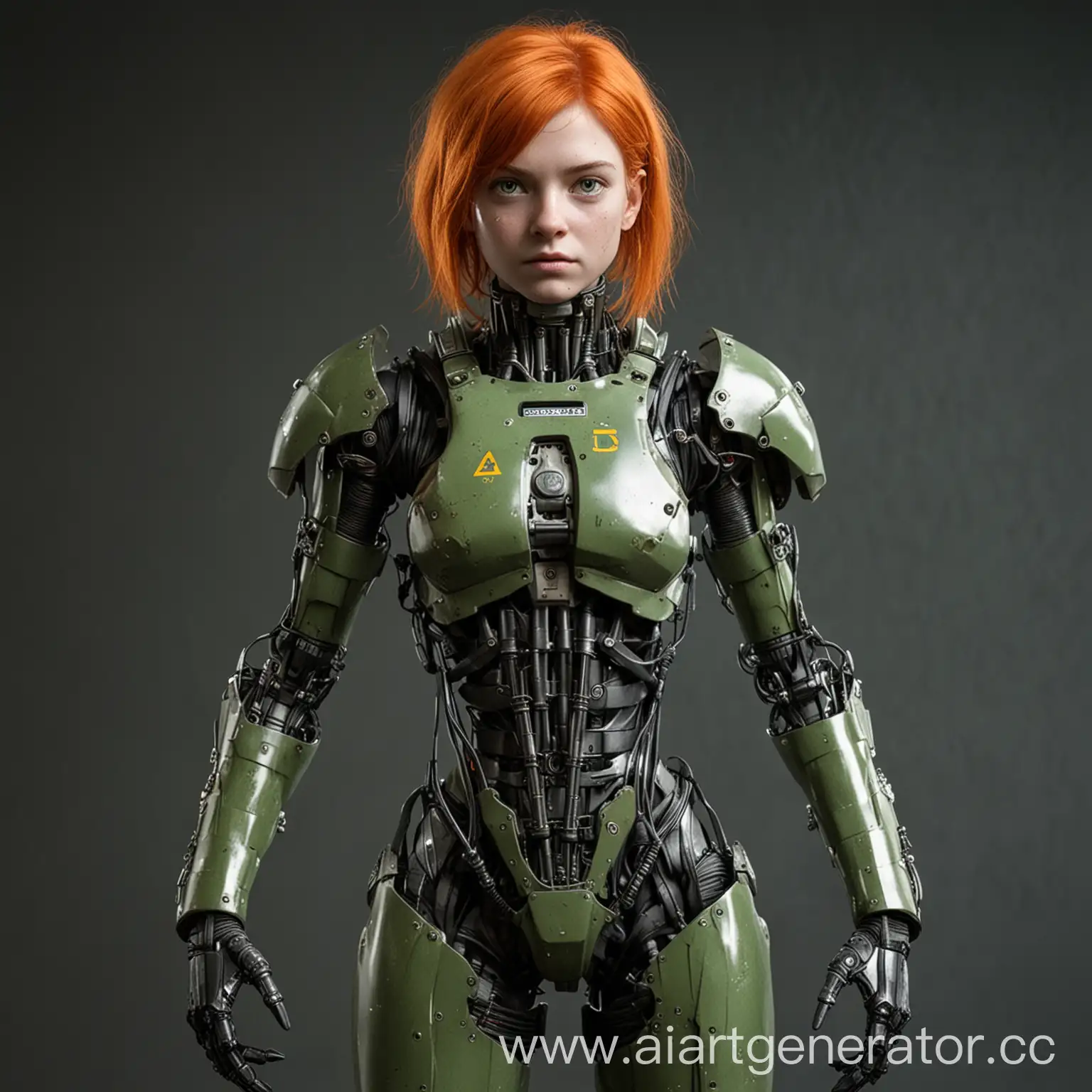 A girl in an Exoskeleton. Short orange hair and green eyes. Under the exoskeleton is a tight black suit. There is an armored plate on the chest and a radiation sign on it, there is also a device on the chest from which the oxygen tubes go. There are protective plates on the shoulders. There are iron parts, wires and tubes for the exoskeleton on the arms from the shoulders to the hands, and there are iron parts, wires and tubes on the legs in the same way. The plates are slightly worn. In the style of the apocalypse.