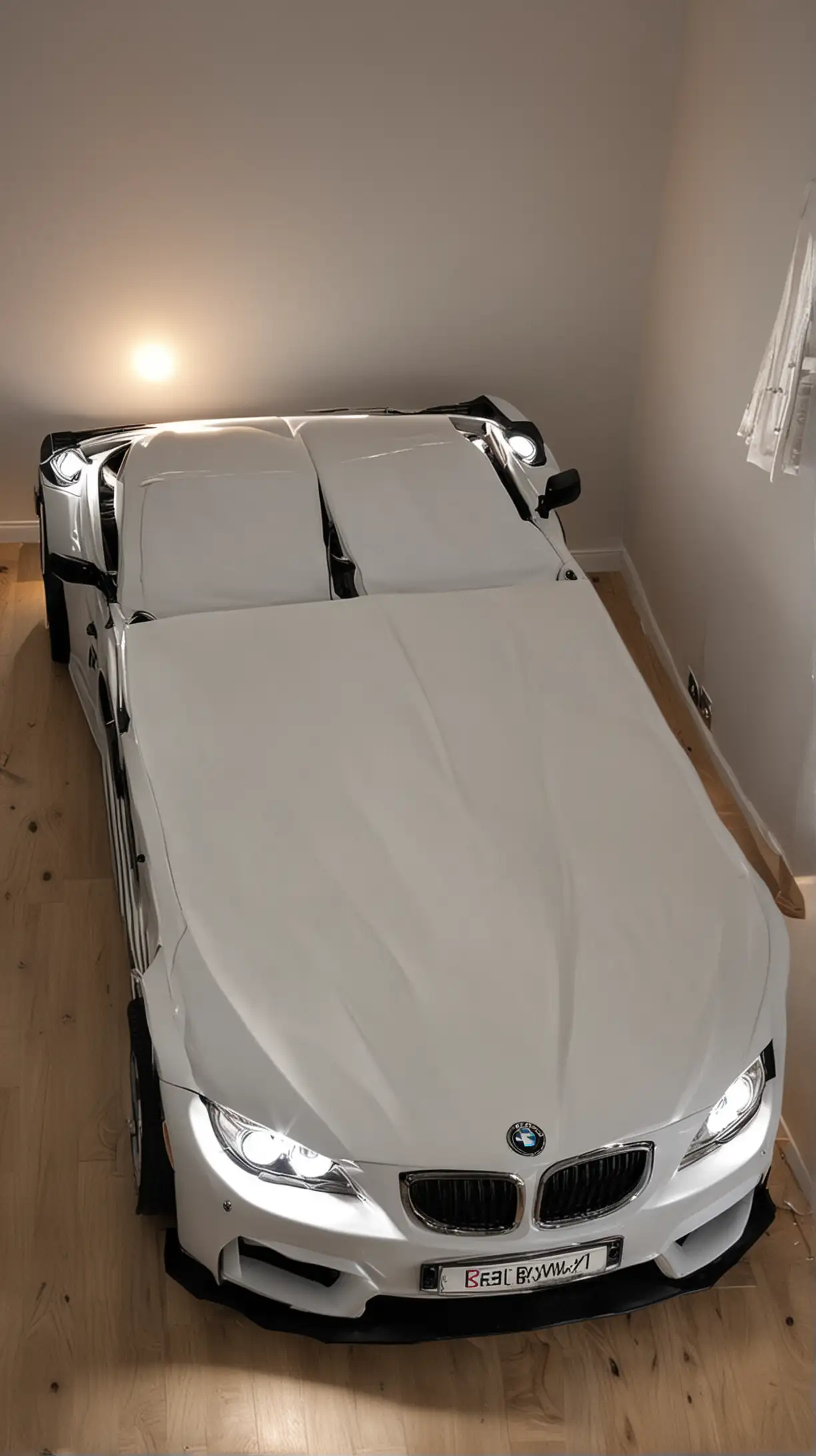 Luxurious Double Bed Shaped like a BMW Car with Glowing Headlights