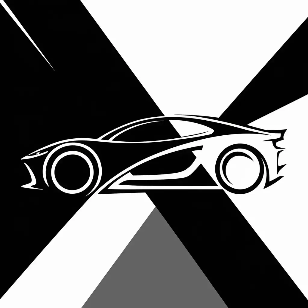 Design a stylized logo depicting the outline of a car with bold lines in black and white. The design should include a combination of black and white colors with a bright contrast. Focus on creating a simple but expressive logo that effectively represents the concept of the car."