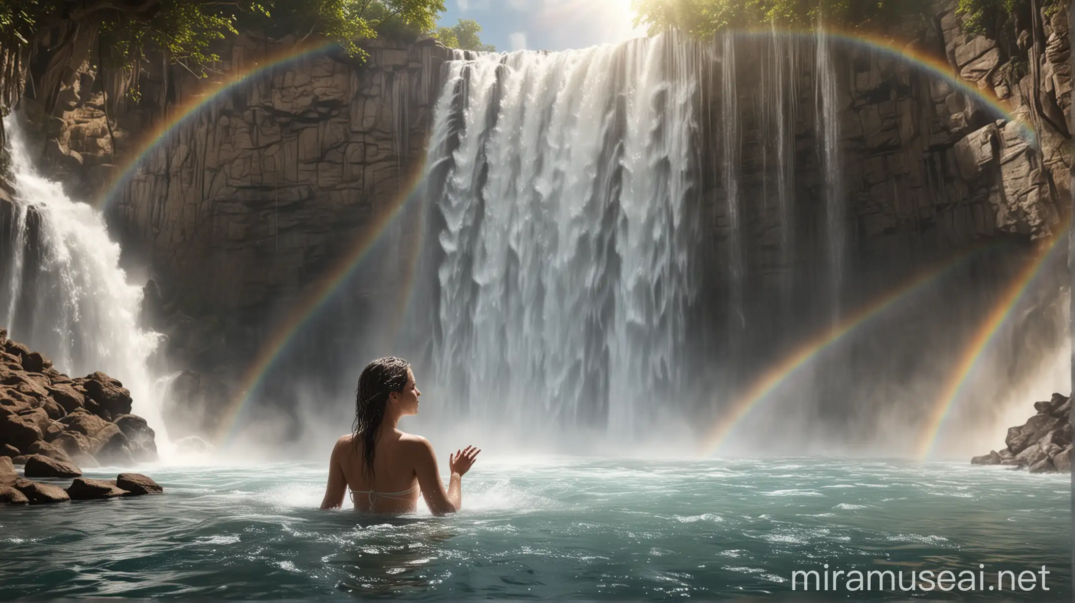 Woman Bathing Under Waterfall with Rainbow Reflections