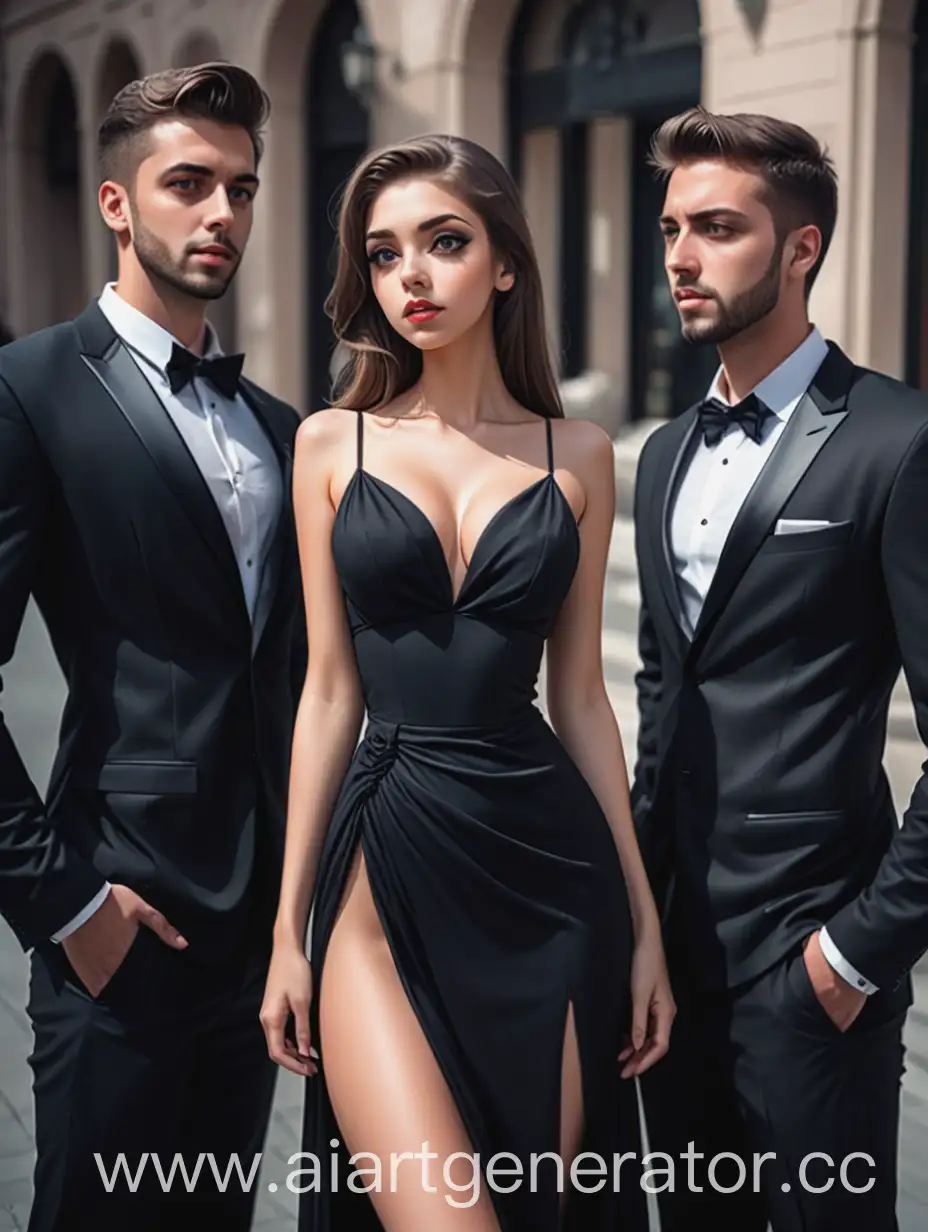 Elegant-Woman-in-Black-Dress-Flanked-by-Admirers