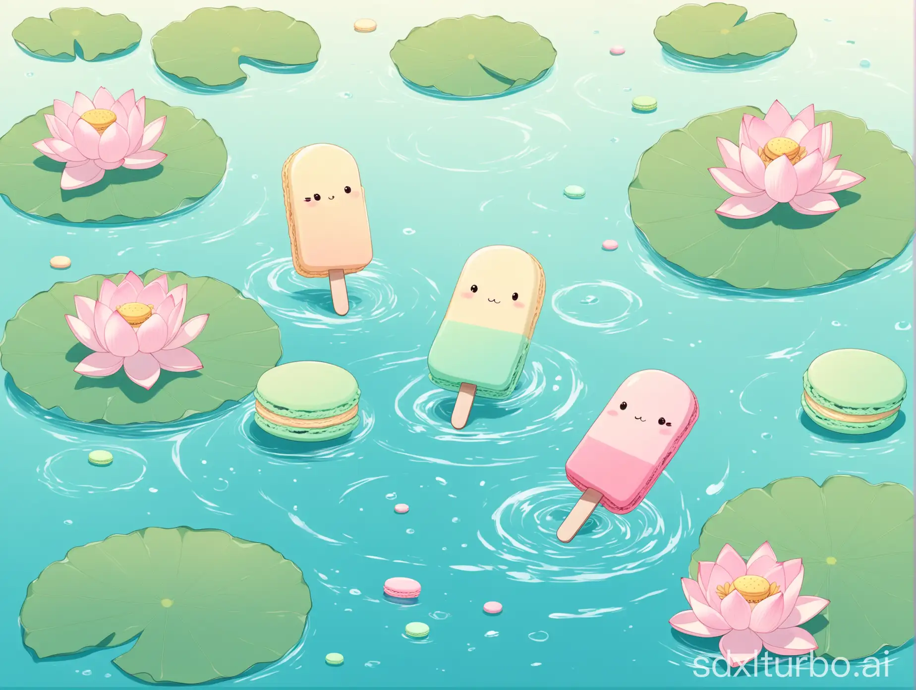 light blue water flow, 3 lotus flowers on it, small lotus leaves, in the middle of the water surface there is an adorable popsicle, cartoon style, macaron color scheme, delicate and cute painting style