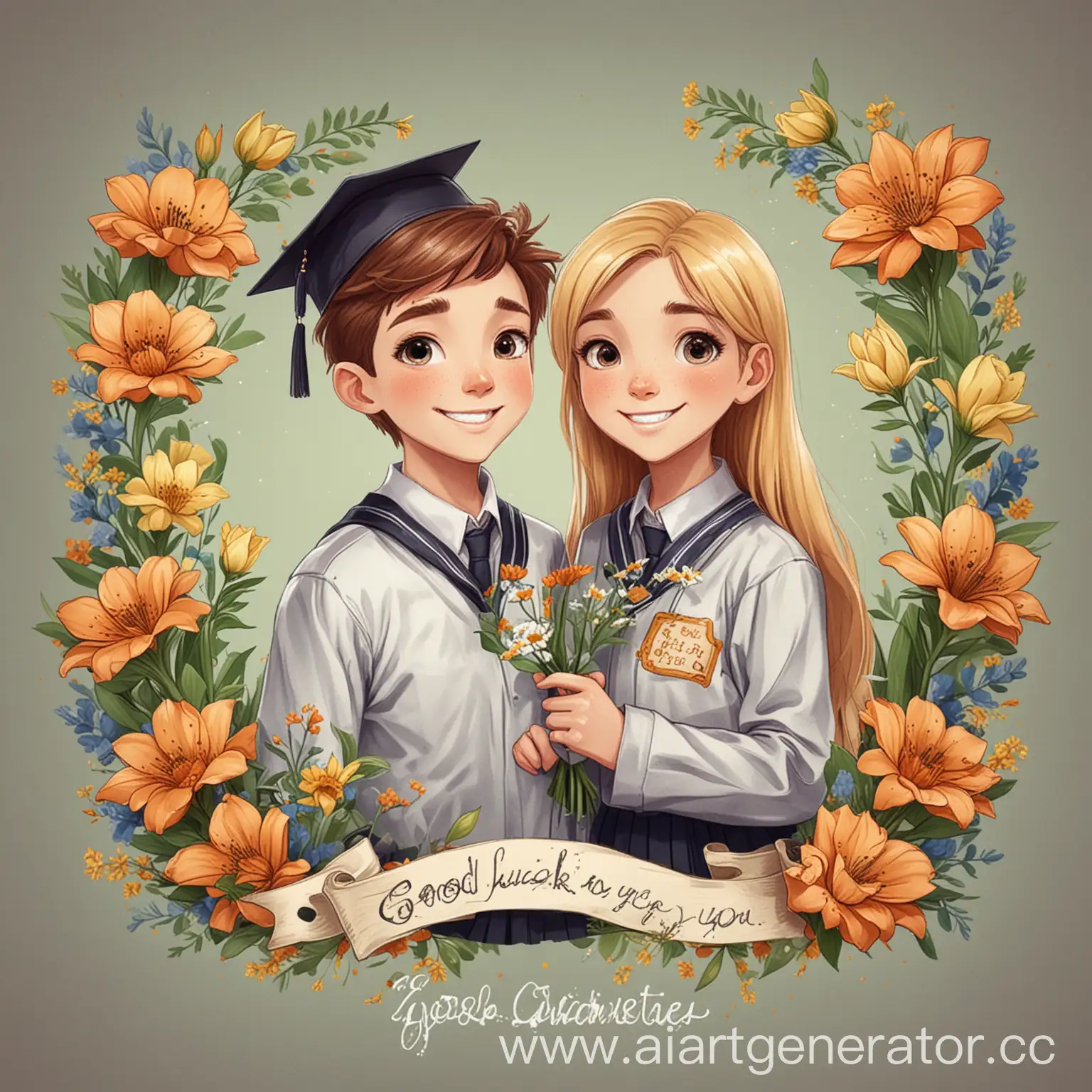 Draw a guy and a girl in a school uniform and with flowers. Add the inscription "Good luck to you, graduates"
