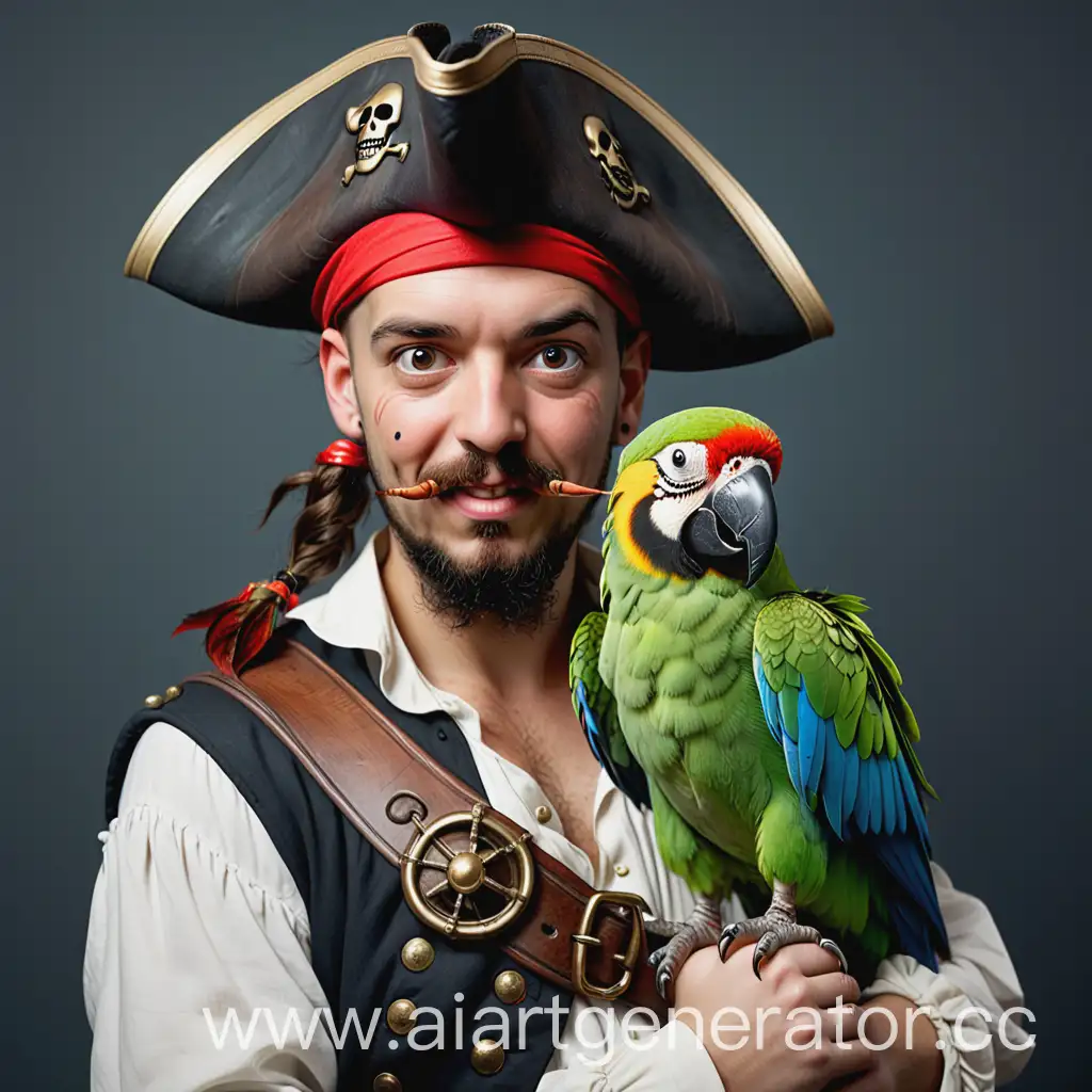 пират с попугаем на плече, веселый, симпатичный, средний план