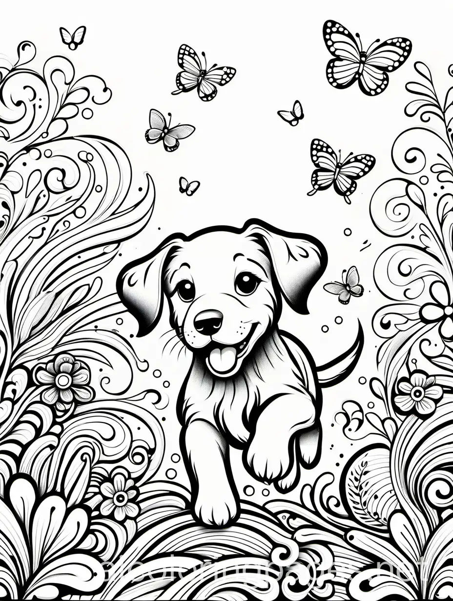 happy, puppy chasing butterflies, adult coloring page, black and white, ample white space, highly detailed, intricate, elaborate, thick outlines to make it easy to color, Coloring Page, black and white, line art, white background, Simplicity, Ample White Space