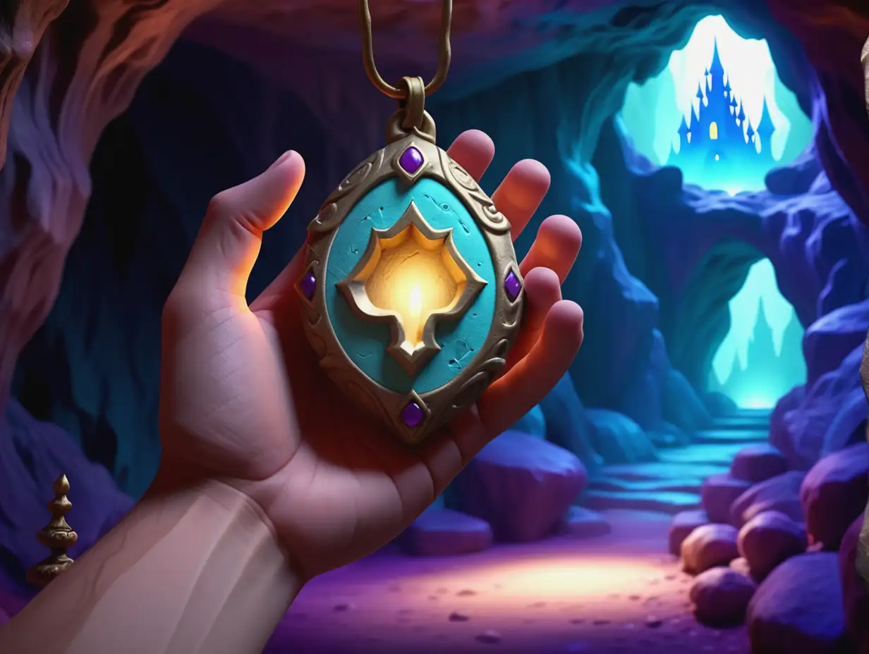 amulet light, in prince hand, background cave, 3d disney inspire