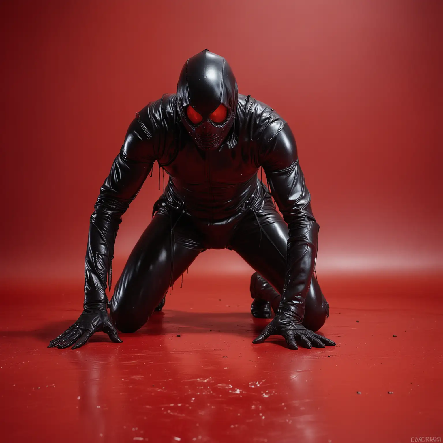 Menacing-Faceless-Figure-in-Black-Latex-Suit-on-Red-Background