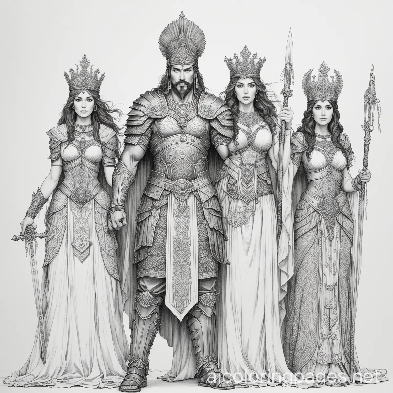 Warrior-King-with-Three-Wives-Coloring-Page-Black-and-White-Line-Art-on-White-Background