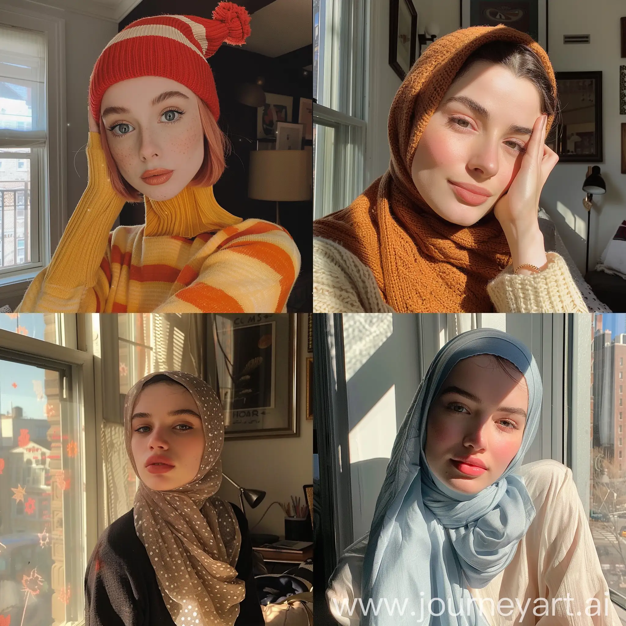 Aesthetic Instagram selfie of Sally from the Cat in the Hat movie, adorable, girl hijab, cute, NYC apartment -