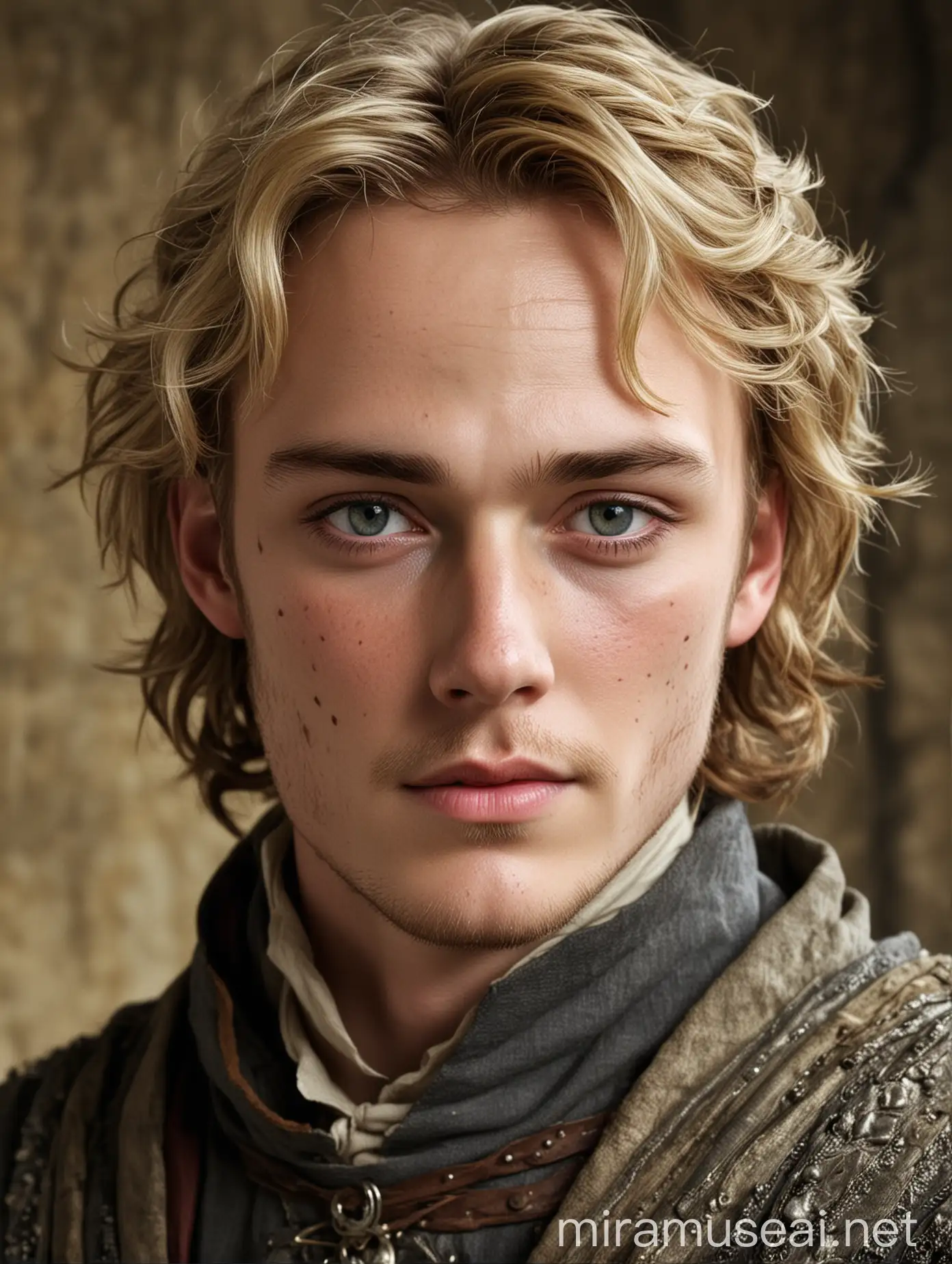 Medieval Man Portrait with Blonde Hair Grey Eyes and Freckles in Historical Clothing
