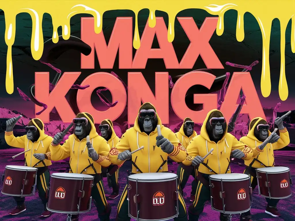the words "MAX KONGA"  in a background in a BOLD mad max font style and colorful drippy slime with bright neon yellow colors and conga drums. gorilla people faces wearing sunglasses and yellow tracksuits with hoodies. 