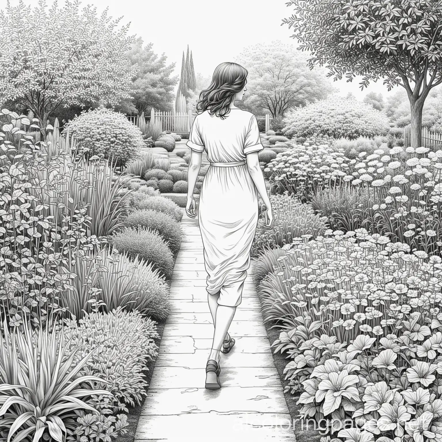 a woman walking down a garden, Coloring Page, black and white, line art, white background, Simplicity, Ample White Space