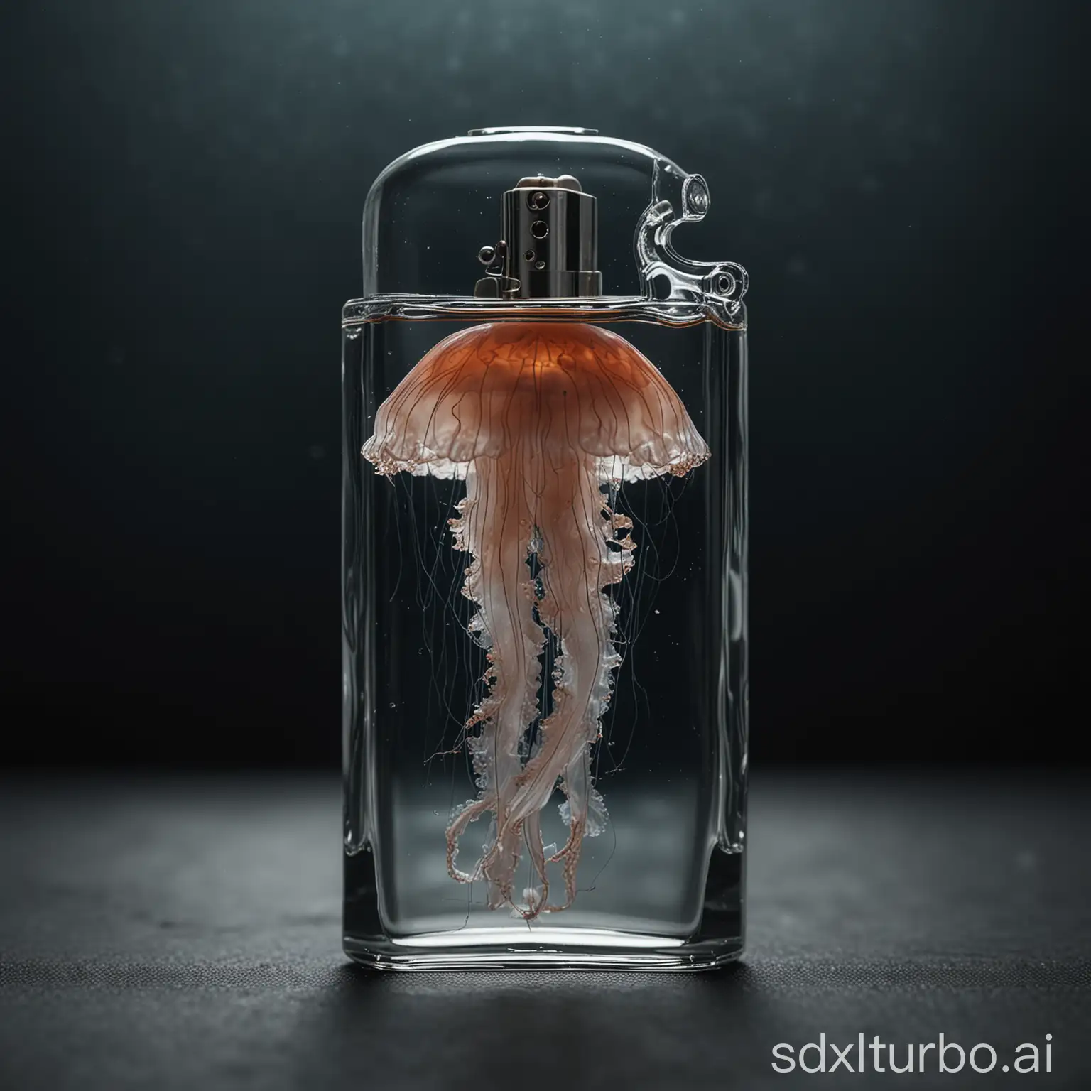 a clear glass lighter with a jellyfish inside, on dark bokeh background. optical illusion visual composite. 4d cgi rendered. Carrie Grabe, David Renshaw, Maxxi. dreamcore dreampunk, photorealistic textures