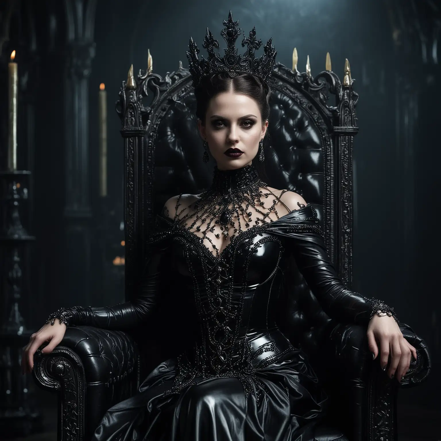 Regal Dark Queen in Royal Black Latex Dress with Sinister Sovereignty