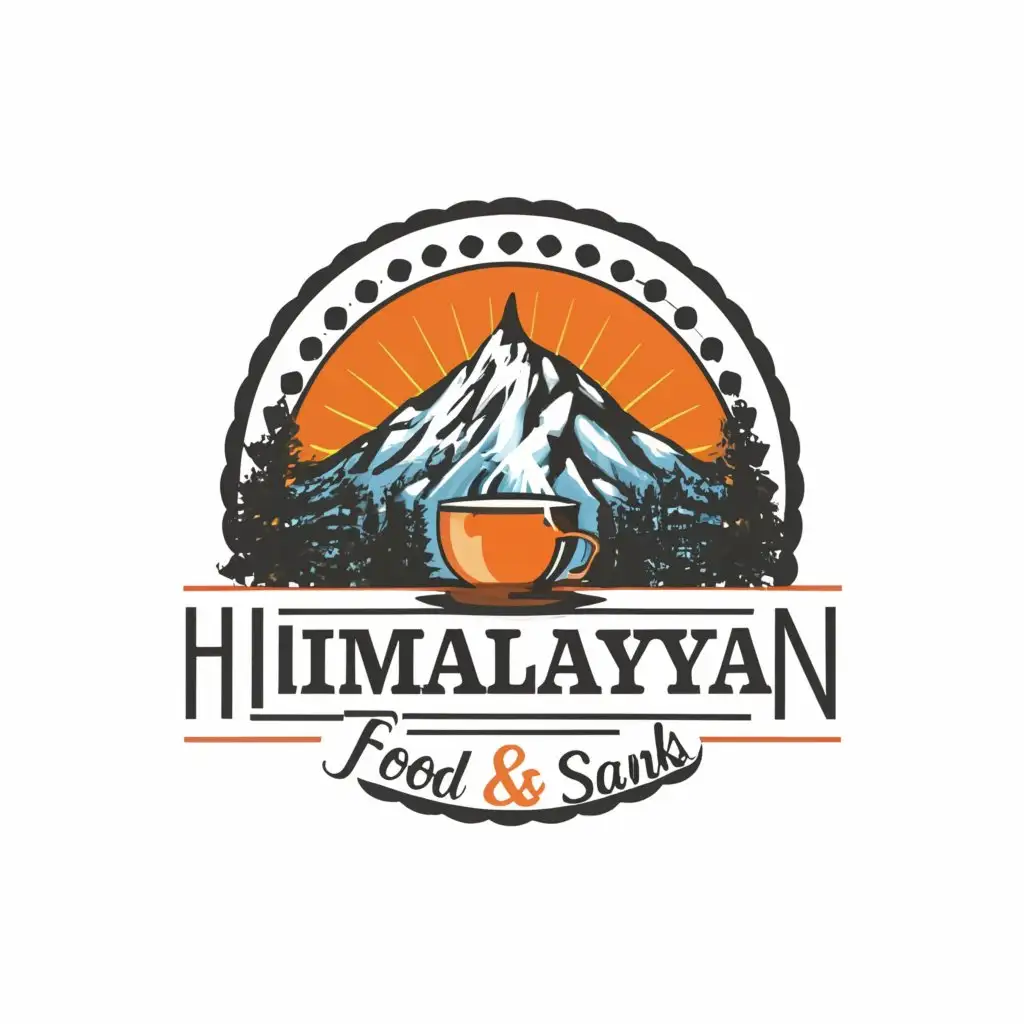 a logo design,with the text "HIMALYAN FOOD & SANCKS", main symbol:ADD SOME SNOW IN BACKGROUND . A CUP OF TEA WITH STEAM COMMING OT ADDD ABIG MOUNTAIN IN BACKGROUND ADD SOME TREES IN BOTH LEFT AND RIGHT ... IN CENTRE WRIE THE NAME  AND AND ALSO WRITE EST.2024,Moderate,clear background