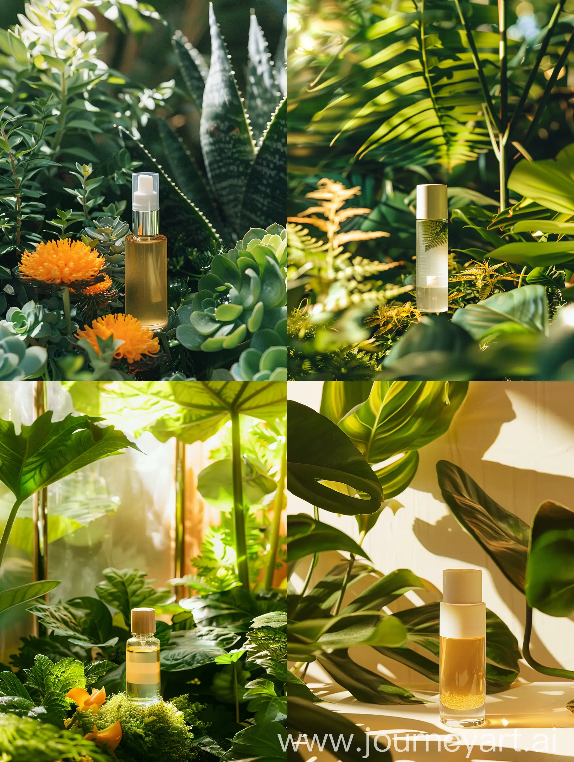 Product photography, a plant nutrition solution, arisaaceae plants as the background, the product in the middle, soft light