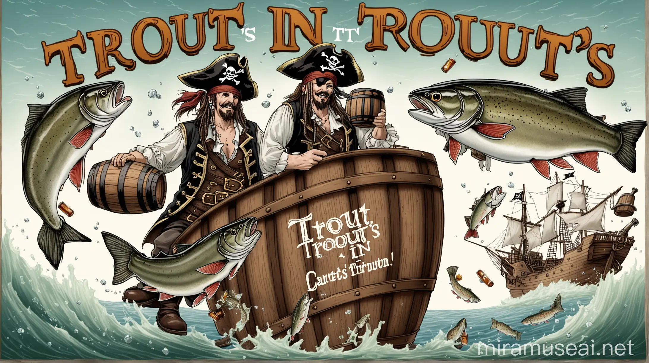 Pirate Holding Bourbon on Sinking Ship Amidst Flying Trout