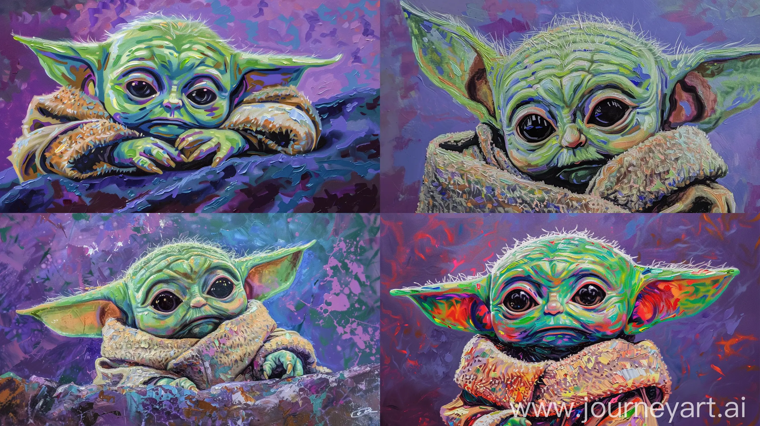 high detailed oil painting of baby yoda in van gogh style with soft vibrant pastel colors with purple background --ar 16:9