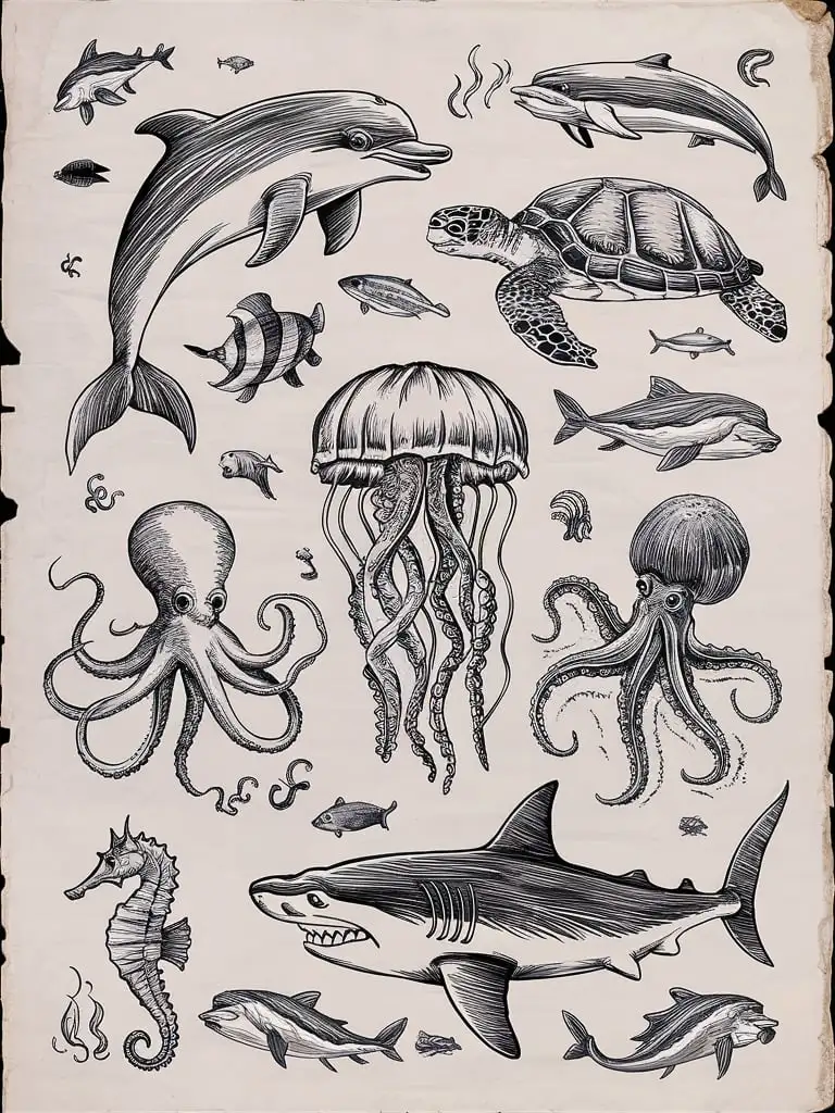 handrawn collage sketch on white background of various sea animals on old sketch style vintage one animal per specie type