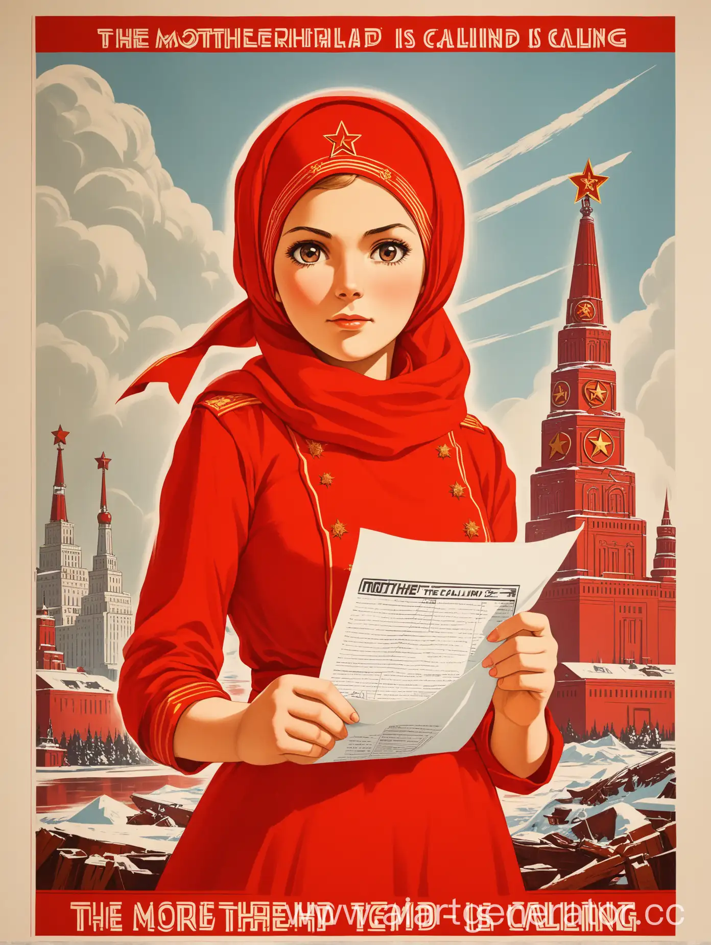 the ussr poster, 1girl, the motherland is calling, red dress, headscarf, red headscarf, looking at the viewer, with a piece of paper, ussr style
