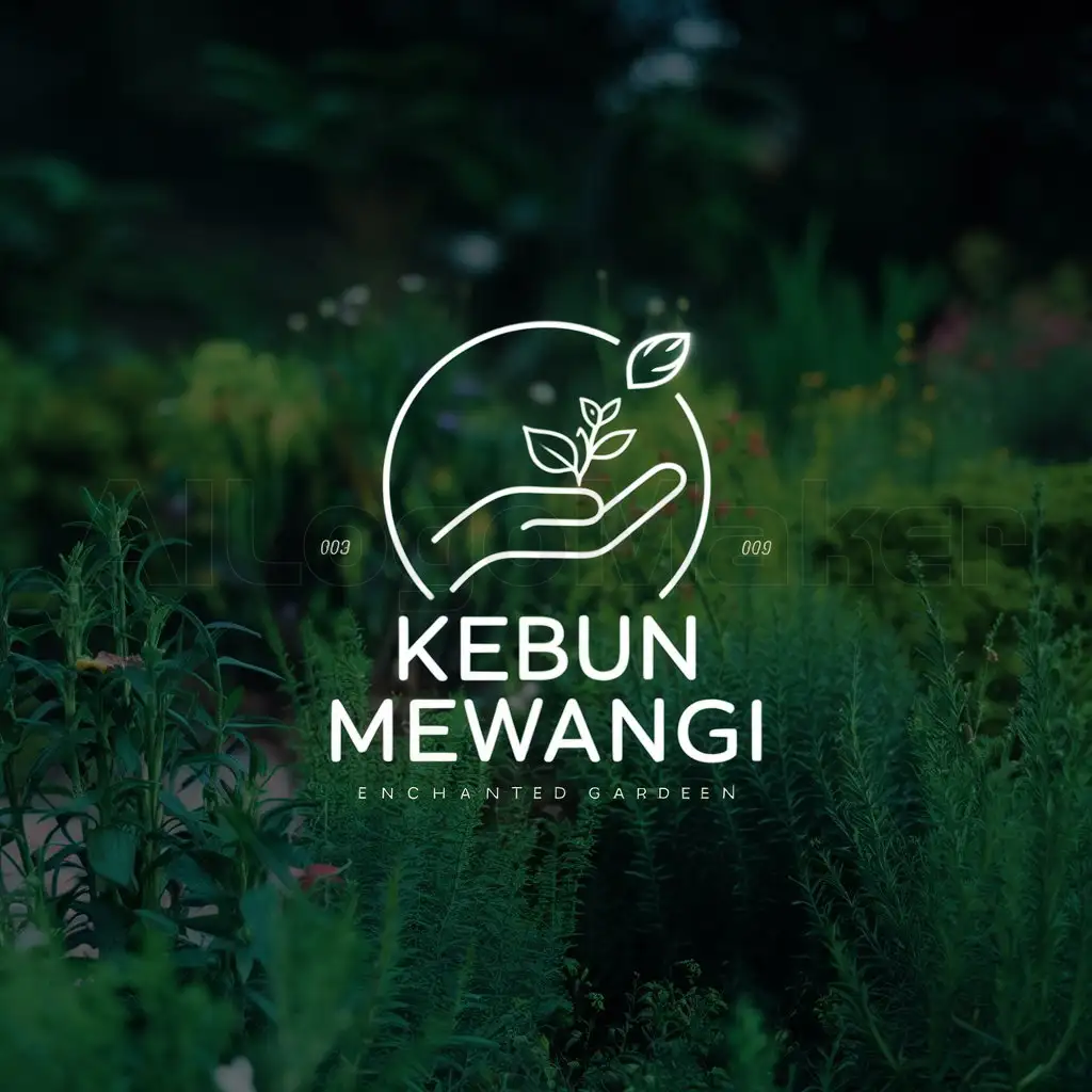 a logo design,with the text "Kebun Mewangi", main symbol:hand with little plant and leaf, green background, strong fonts, beautiful and enchanted garden shop with herbs plant, flowers,,Minimalistic,clear background
