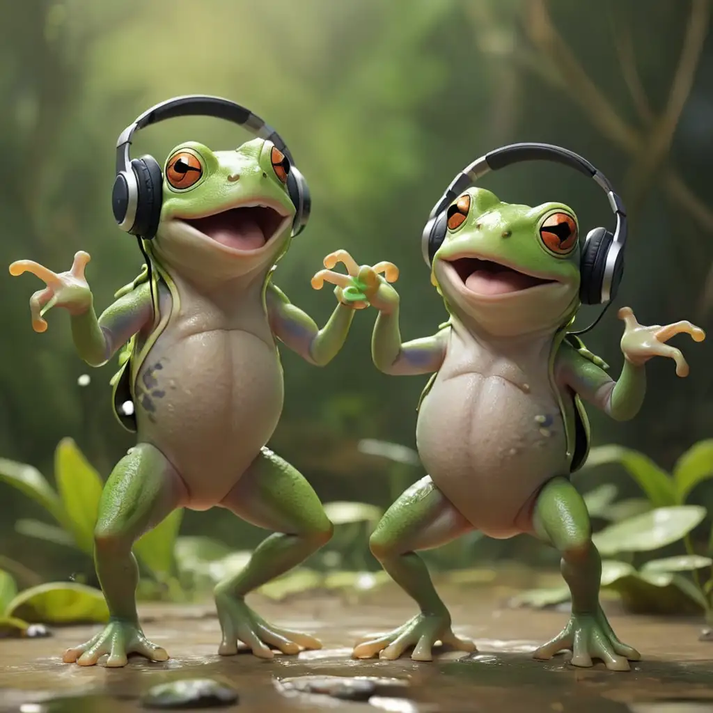 Frogs doin a lil dance wearing headphones
