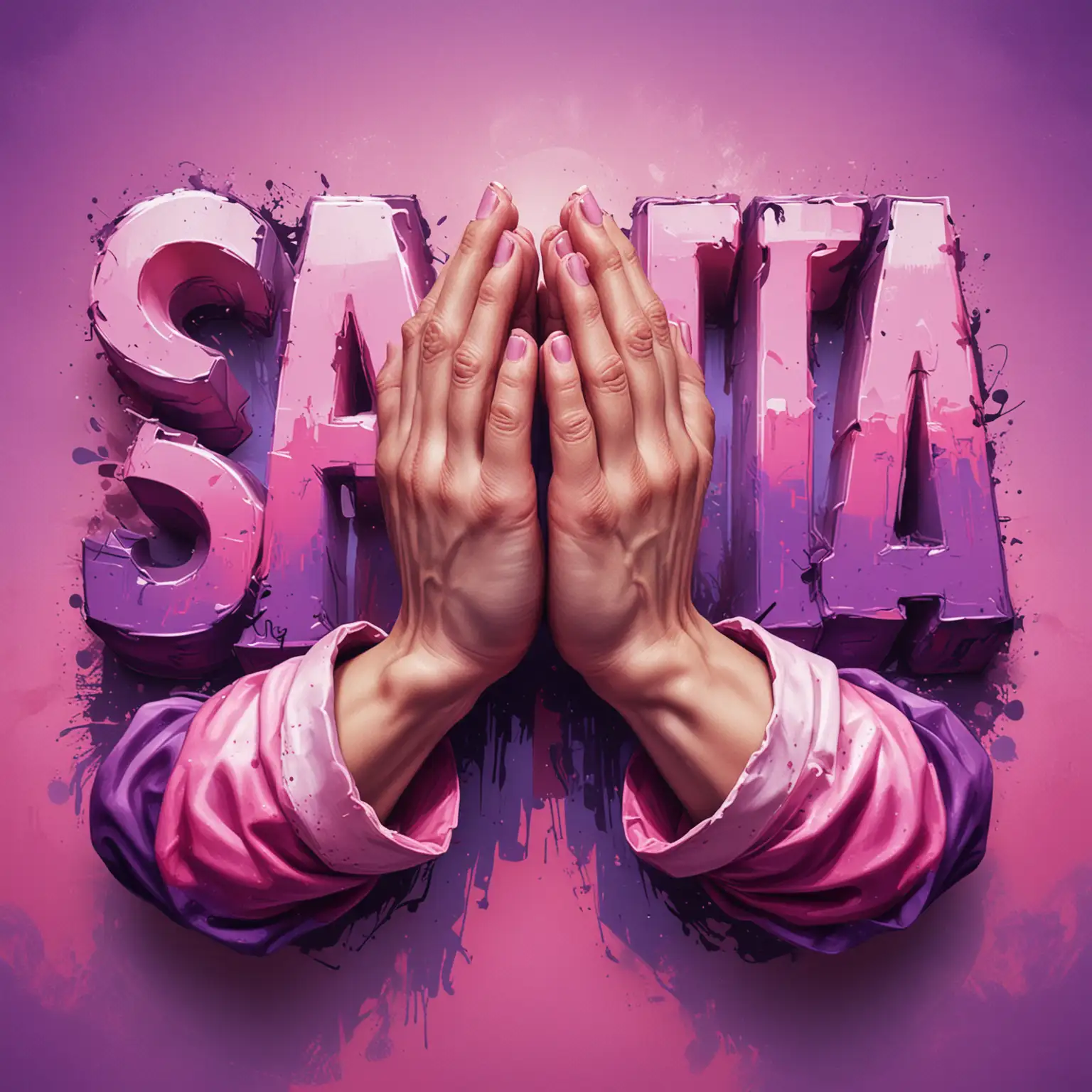 Praying Hands on Vibrant Purple and Pink Background with GraffitiStyle Santa Text