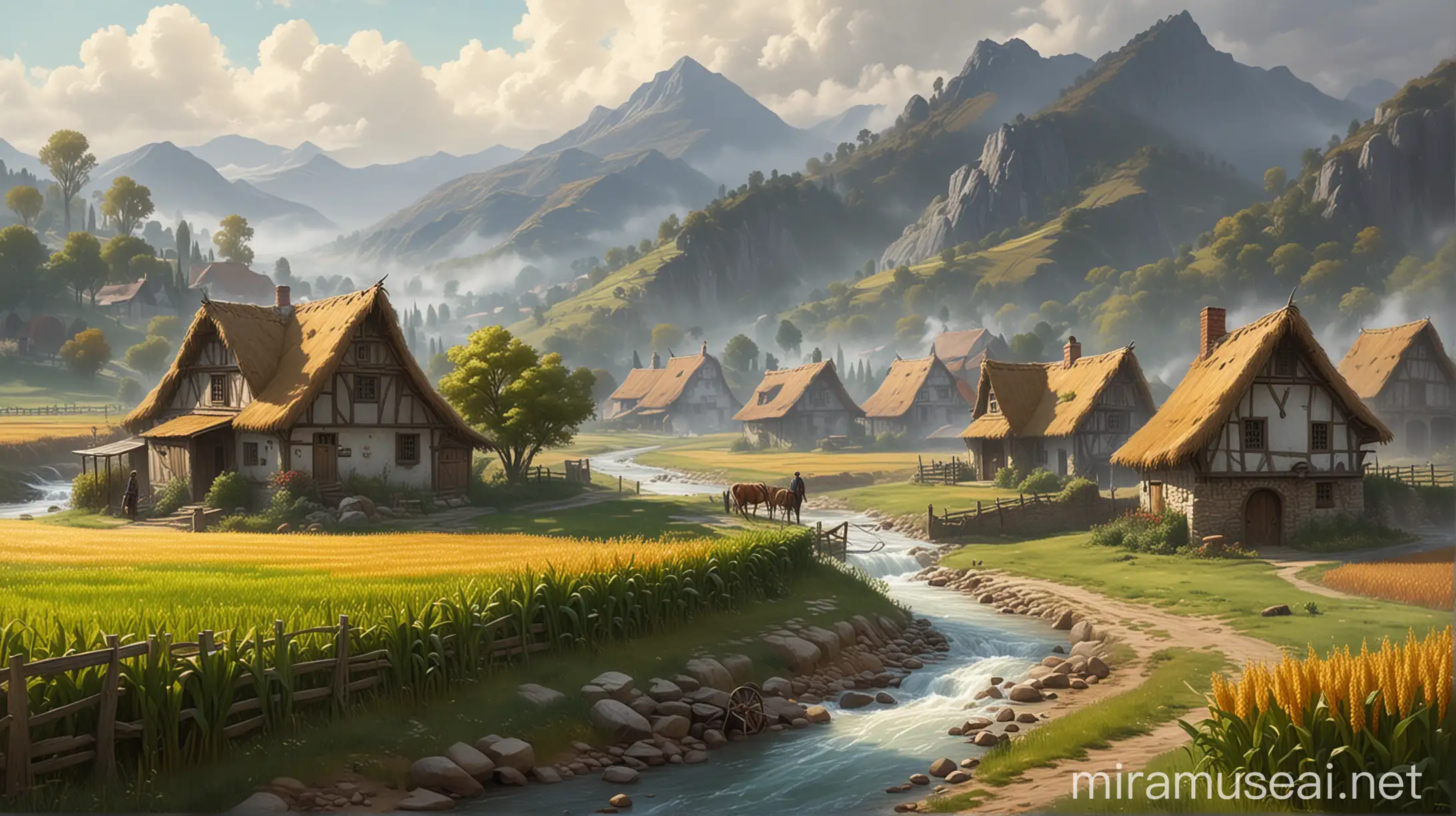 Medieval Village Scene with Foggy Hills and Corn Fields