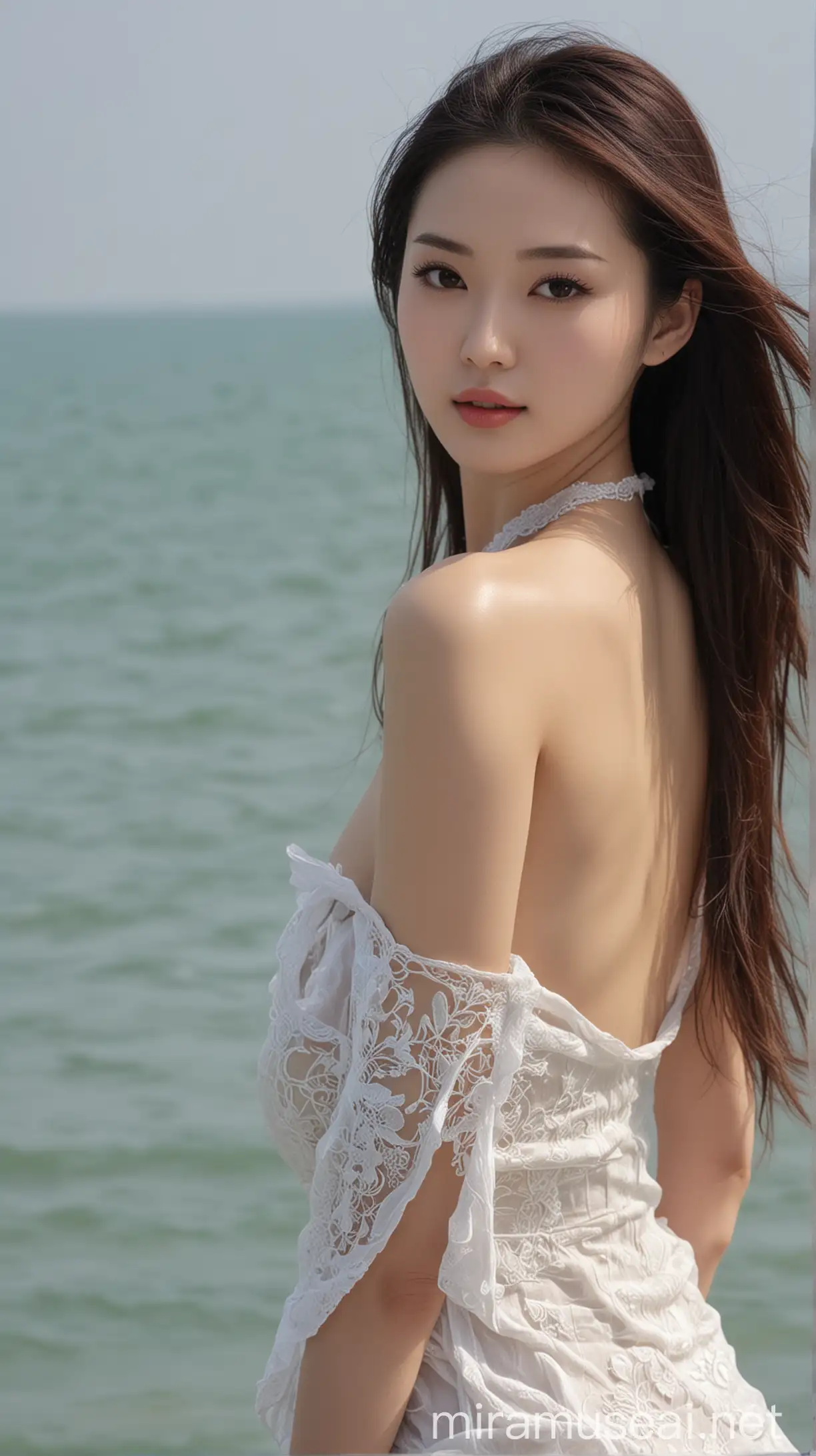 中国美女，完美身材，完美比例的脸，在海边。